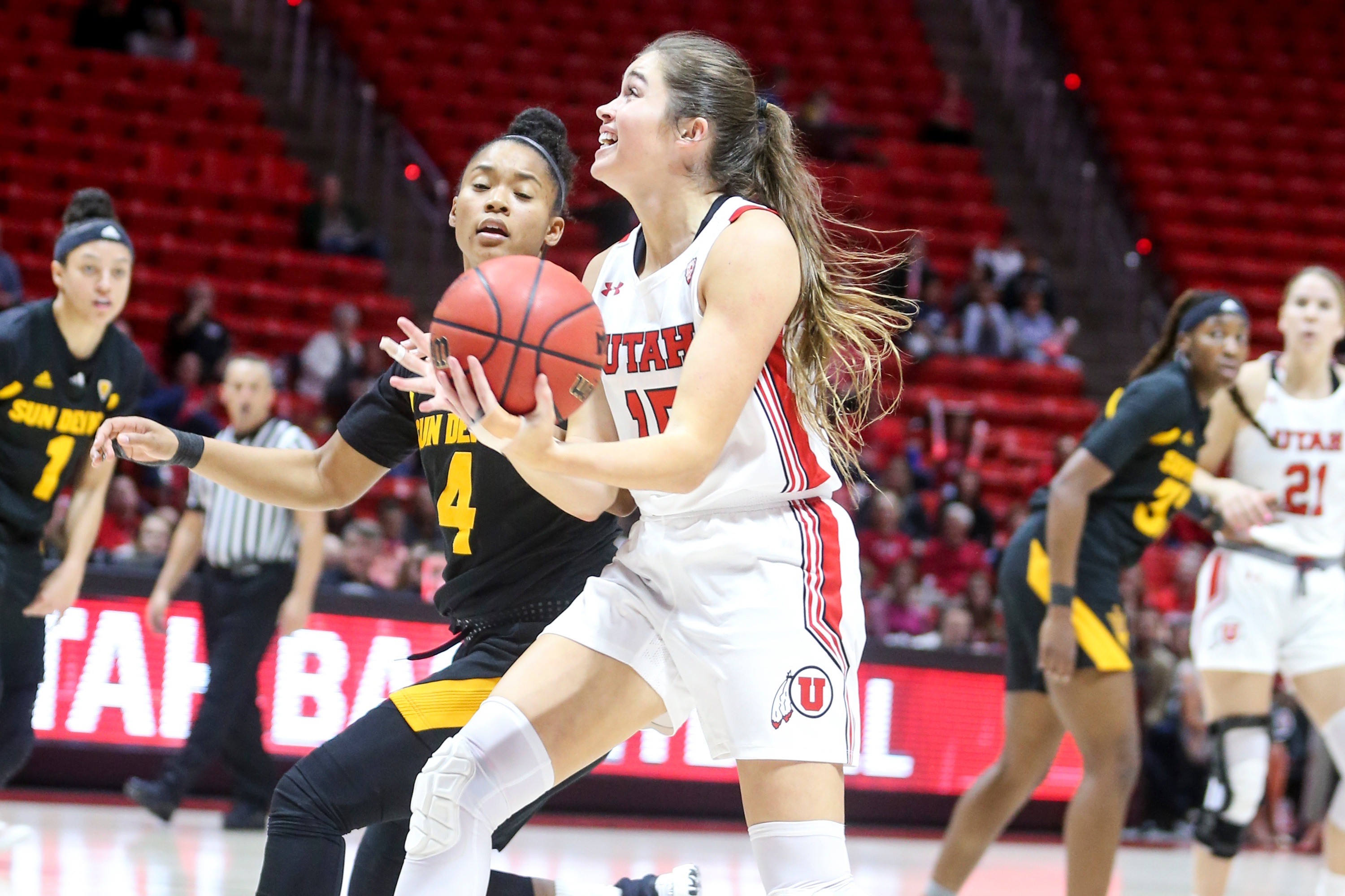 Utah guard Kemery Martin (15) attempts to score against the Arizona State Sun Devils at the Jon M. Huntsman Center in Salt Lake City on Sunday, Feb. 23, 2020.