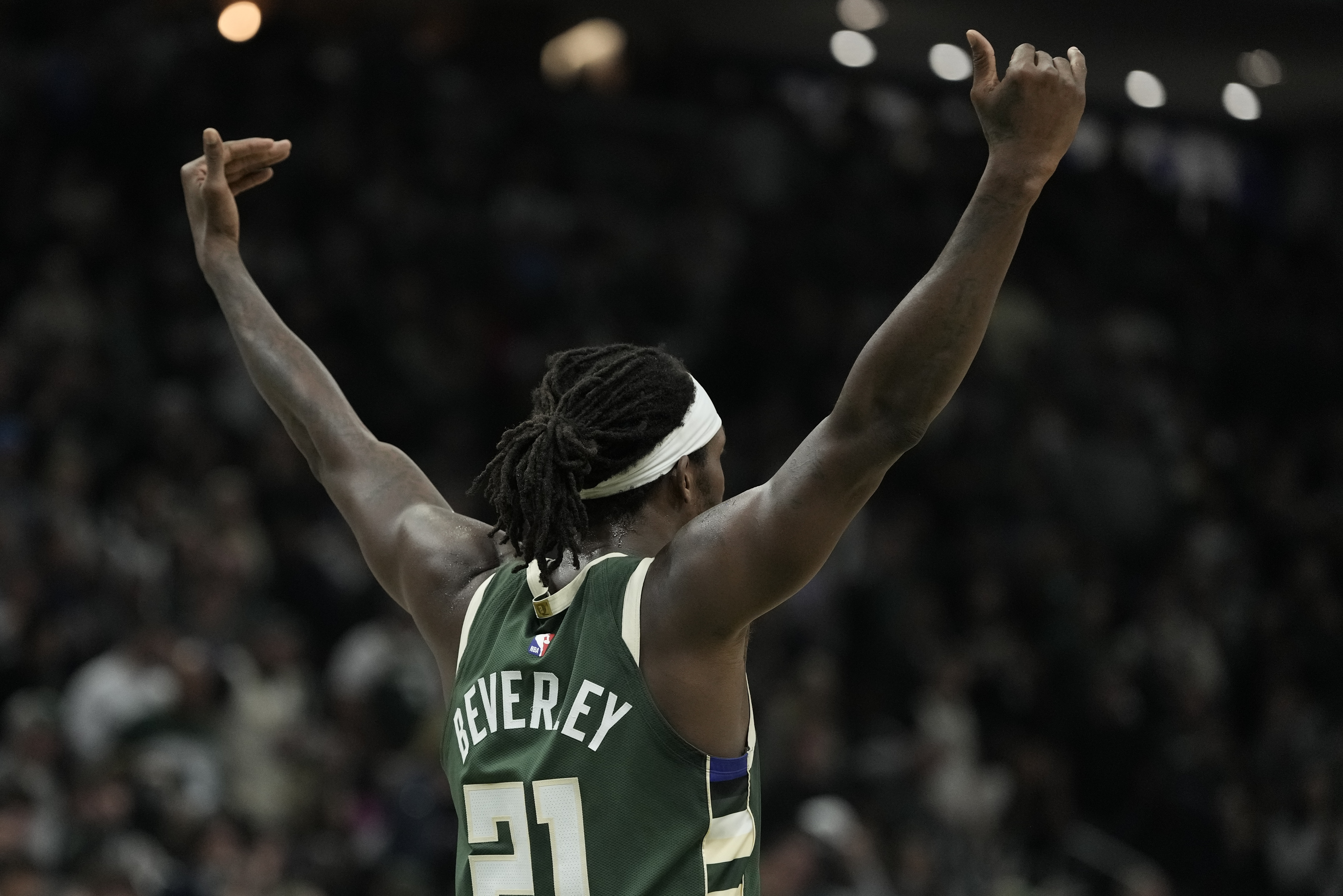 Milwaukee Bucks' Patrick Beverley reacts during the second half of Game 5 of an NBA basketball series against the Indiana Pacers Tuesday, April 30, 2024, in Milwaukee. The Bucks won 115-92. The Pacers lead the series 3-2.