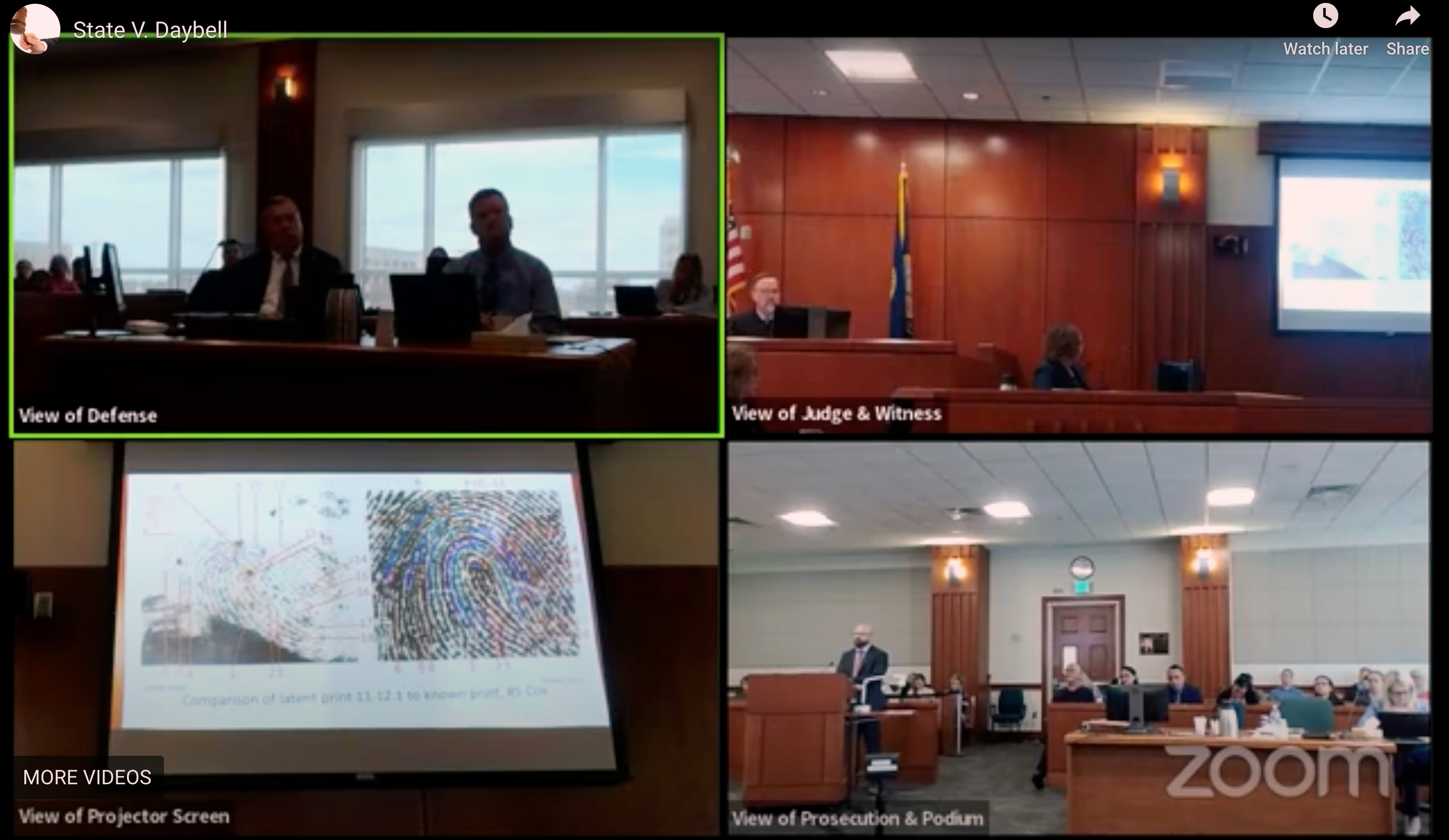 Zoom shows four angles of the Ada County Courtroom in Boise on Wednesday as forensic scientist Tara Martinez testifies during Chad Daybell's murder trial.