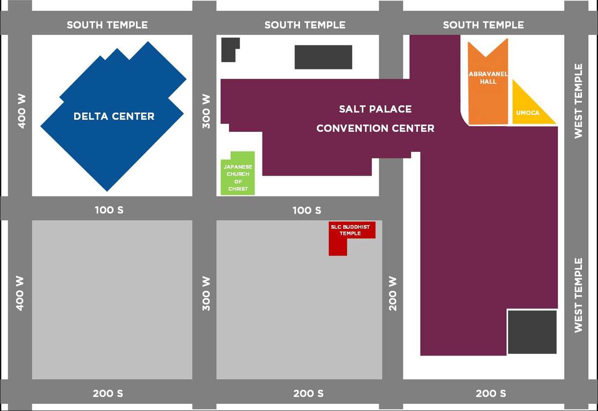 A map of the area targeted by Smith Entertainment Group to construct an area it says will revitalize downtown Salt Lake City.