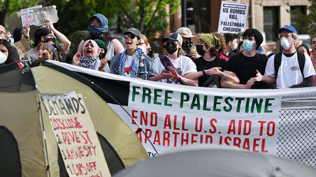 Demonstrators at the University of Utah support Palestine in Salt Lake City on April 29. Less than 1% of the U.'s portfolio is invested directly in common stock and none are stocks pro-Palestinian demonstrators targeted for disinvestment, the U. said.