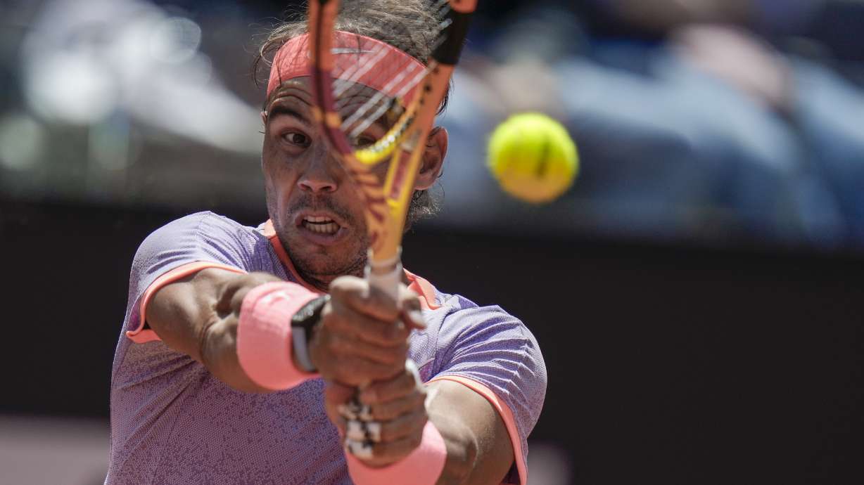 Spain's Rafael Nadal returns the ball to Belgium's Zizou Bergs at the Italian Open tennis tournament, in Rome, Thursday, May 9, 2024.