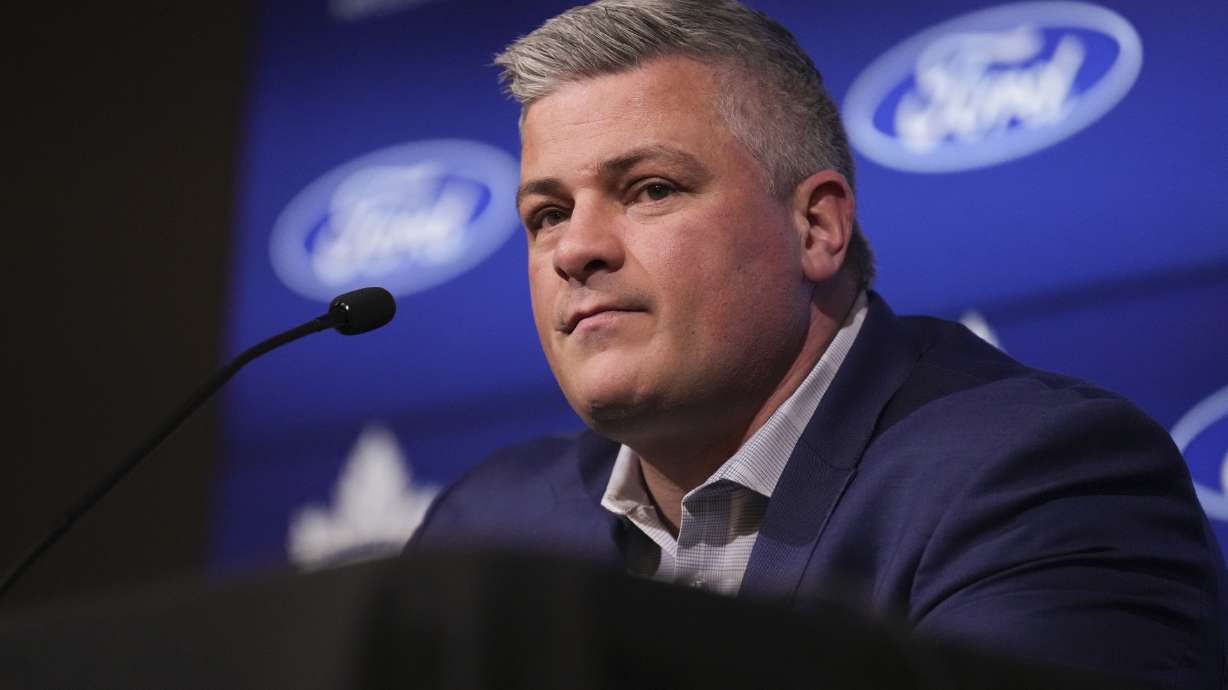 Toronto Maple Leafs head coach Sheldon Keefe speaks to the media at an end of season press conference in Toronto Monday, May 6, 2024. The Maple Leafs lost to the Boston Bruins in the first round of the Stanley Cup NHL hockey playoffs.