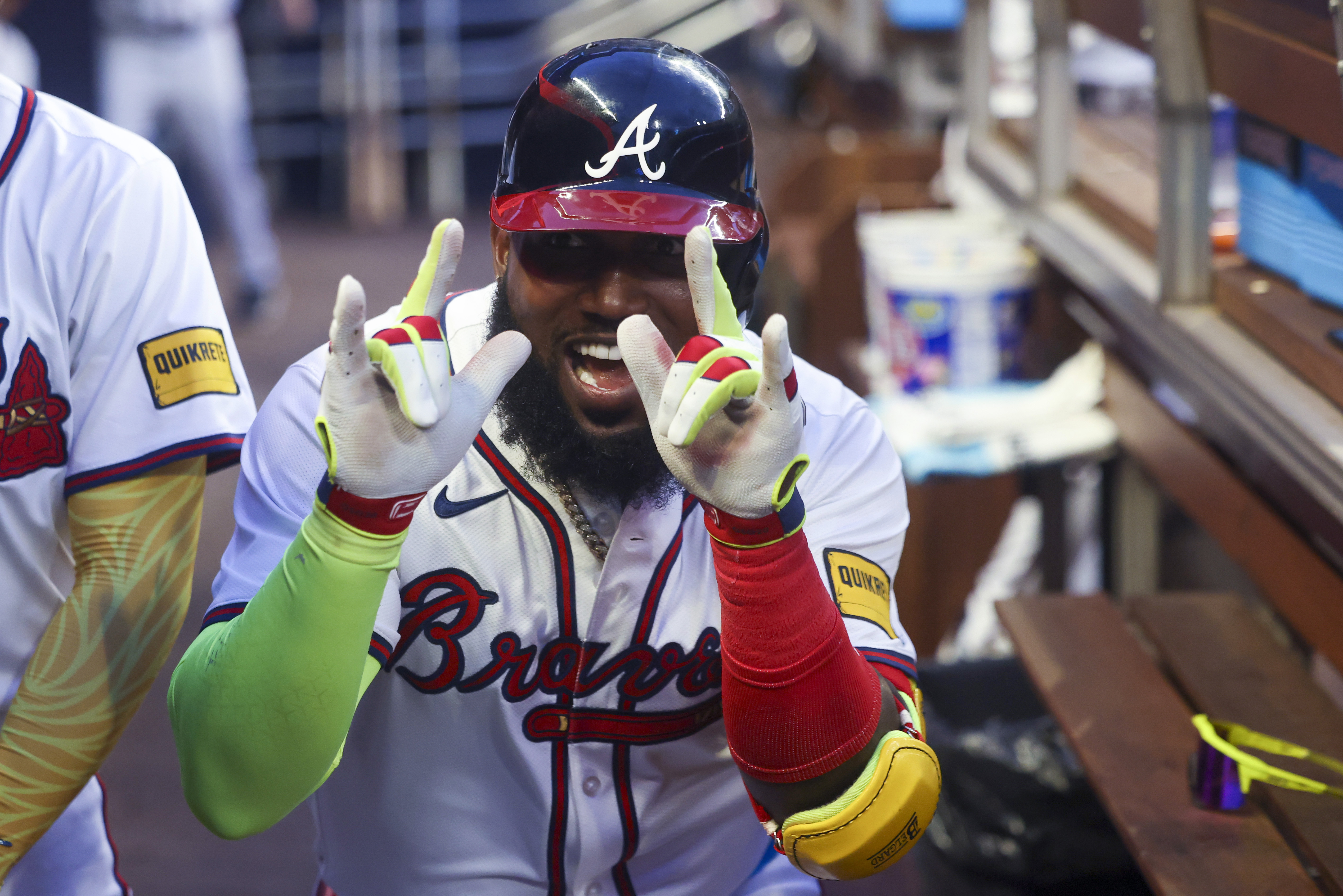 Atlanta Braves' Marcell Ozuna celebrates after hitting a solo home run against the Boston Red Sox during the third inning of a baseball game Wednesday, May 8, 2024, in Atlanta.