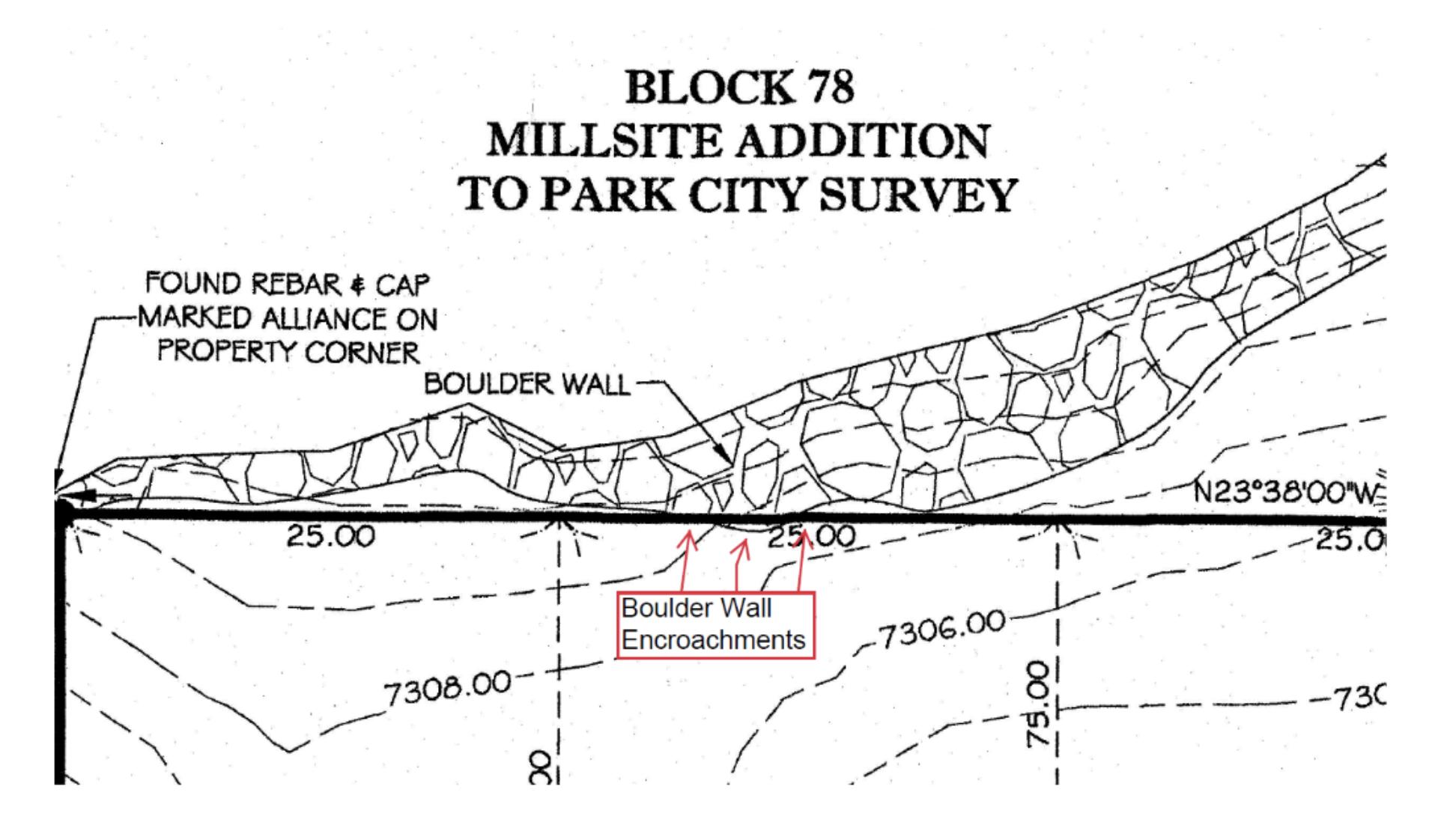 A screenshot showing a survey of the recently acquired land by Matthew and Tatiana Prince, and a rock wall they claimed in a lawsuit encroaches onto their property.