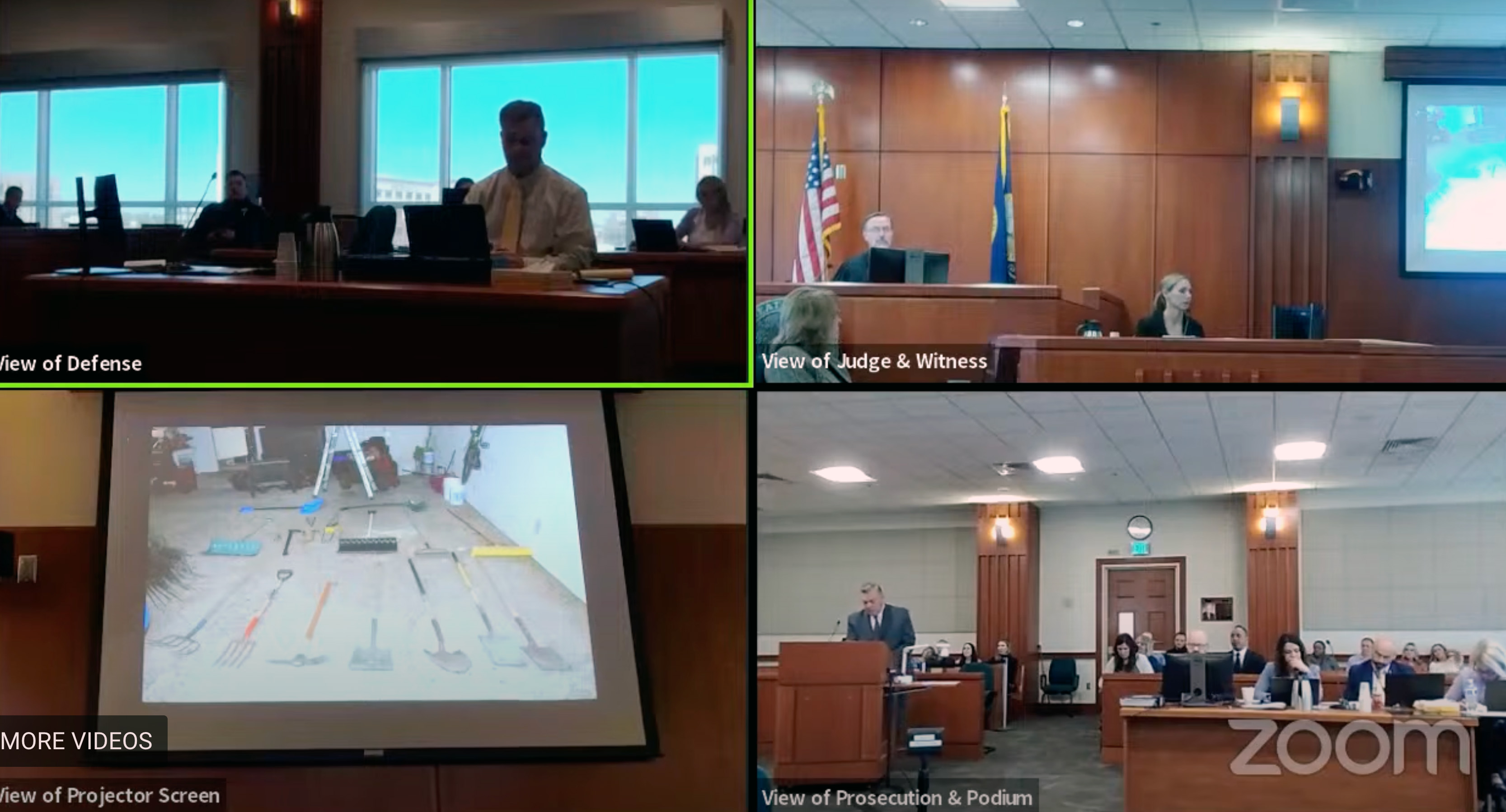 Zoom shows four angles of the courtroom as Idaho State Police forensic biologist Katherine Dace testifies during Chad Daybell's murder trial in Boise on Thursday. Dace testified to finding Tylee Ryan's DNA on tools collected from Daybell's property.