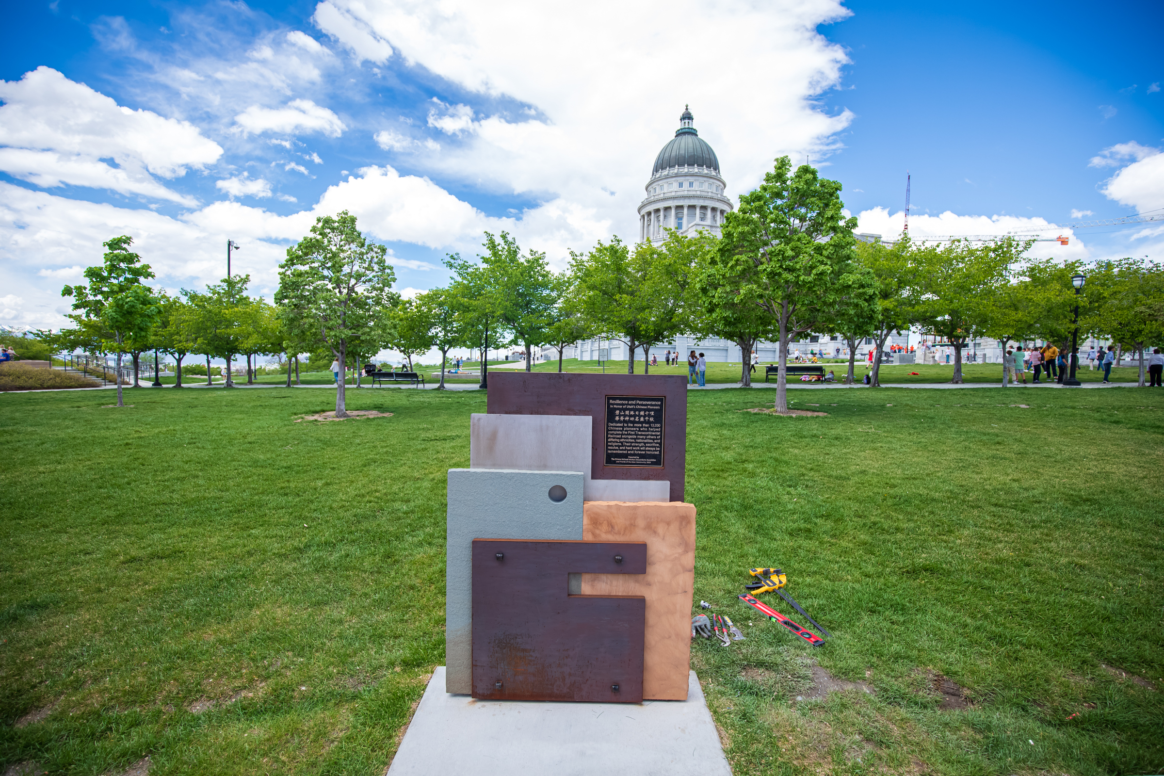 A monument dedicated to the estimated 12,000 Chinese railroad workers who helped build the transcontinental railroad is installed on the state Capitol lawn in Salt Lake City Thursday. A ceremony to celebrate it will be held at 3 p.m. Saturday.