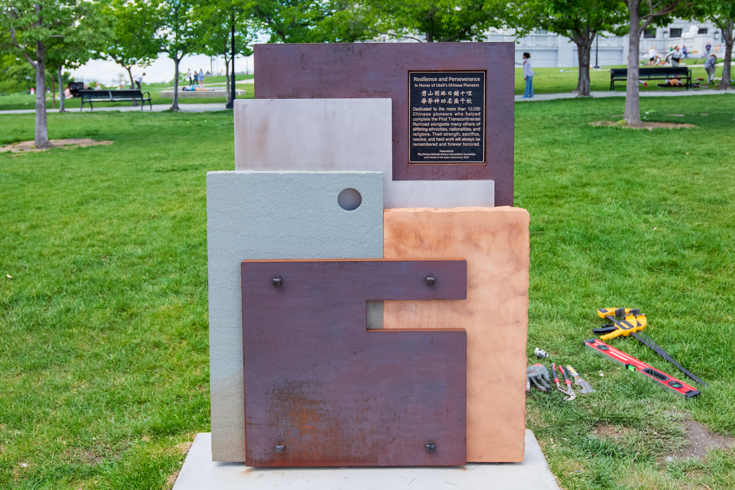 A monument dedicated to the estimated 12,000 Chinese railroad workers who helped build the transcontinental railroad is installed on the Utah Capitol lawn Thursday. A ceremony to celebrate it will be held at 3 p.m. on Saturday.