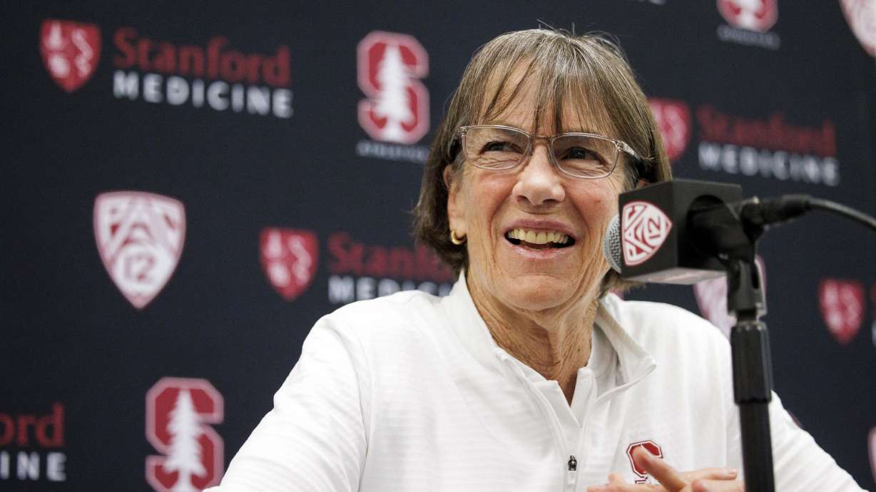 Stanford coach Tara VanDerveer speaks during a press conference in Stanford, Calif., Wednesday, April 10, 2024. VanDerveer, the winningest basketball coach in NCAA history, announced her retirement Tuesday night, April 9, 2024, after 38 seasons leading the Stanford women's team and 45 years overall.