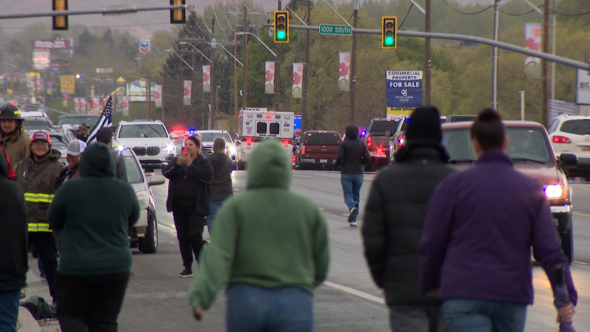 People gather to celebrate Sgt. Chad Watt's return from the hospital in Vernal on Thursday.