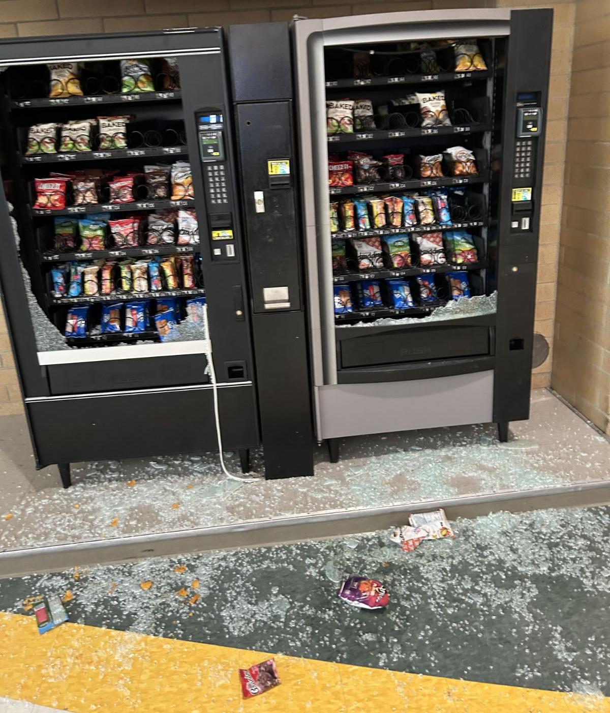 Vending machine windows at Matheson Junior High in Magna were among the 140 pieces of glass broken by vandals this week.