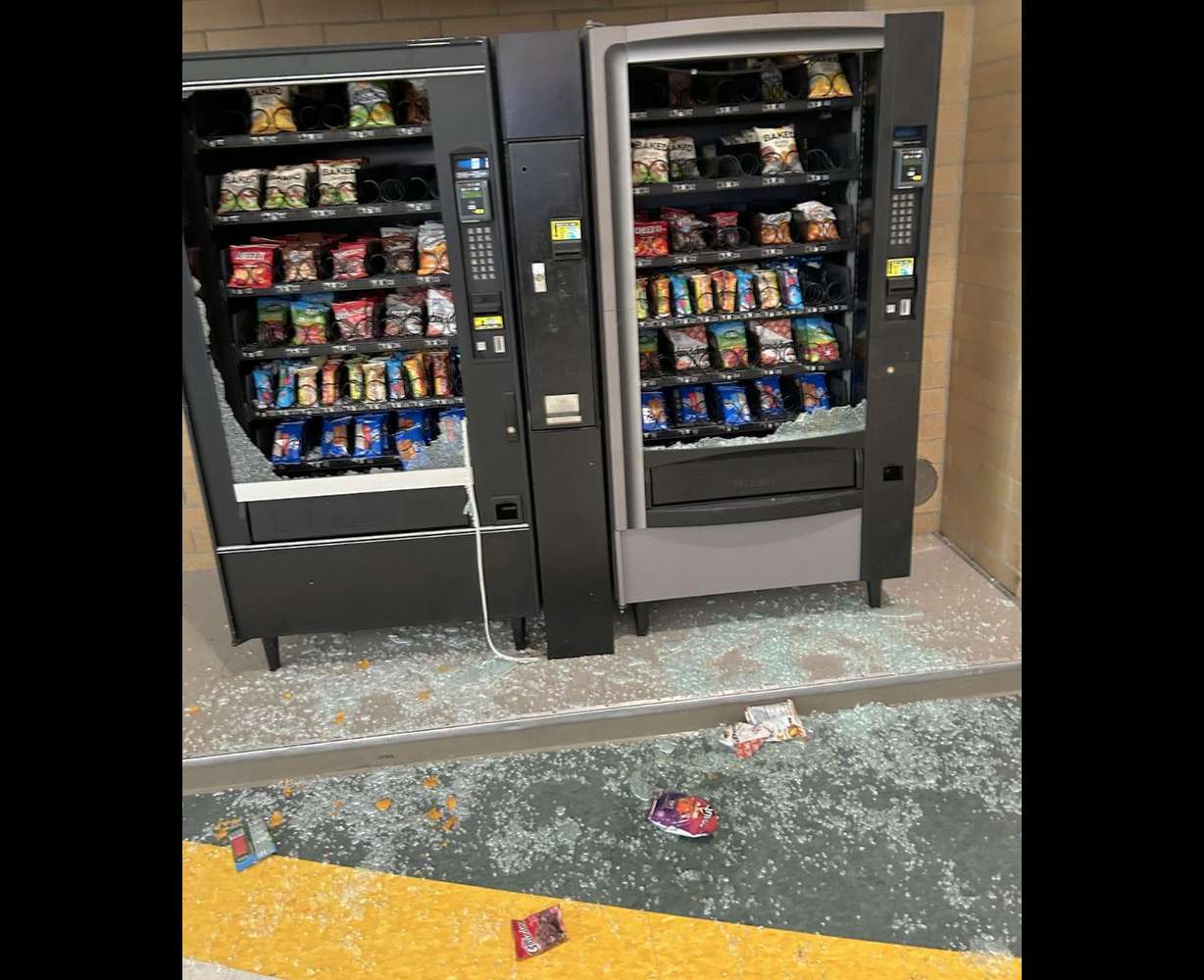 Vending machine windows at Matheson Junior High in Magna were among the 140 pieces of glass broken by vandals this week.