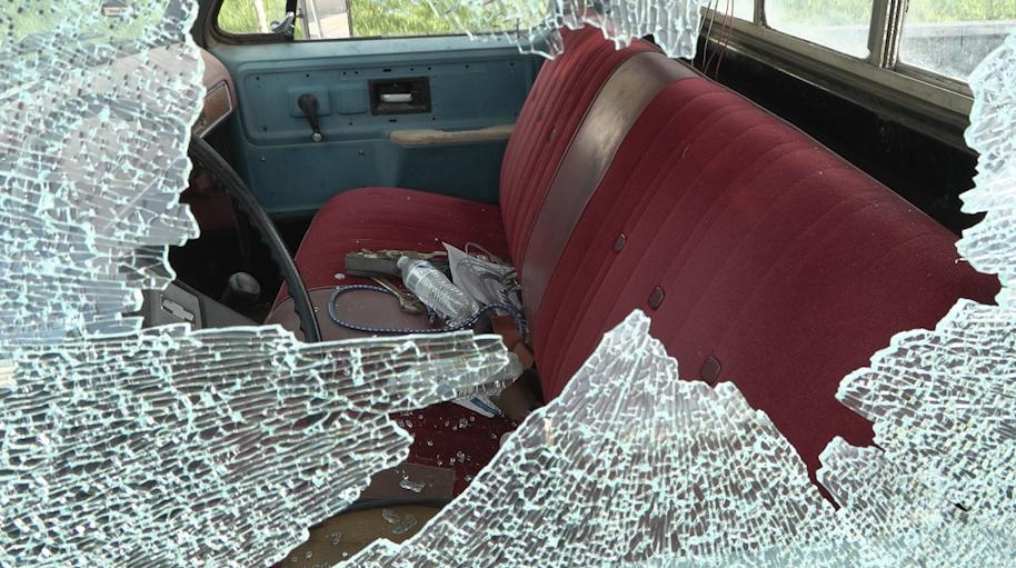 The window of a truck in Magna is shattered, and the owner says he’ll have to replace it with his own money.