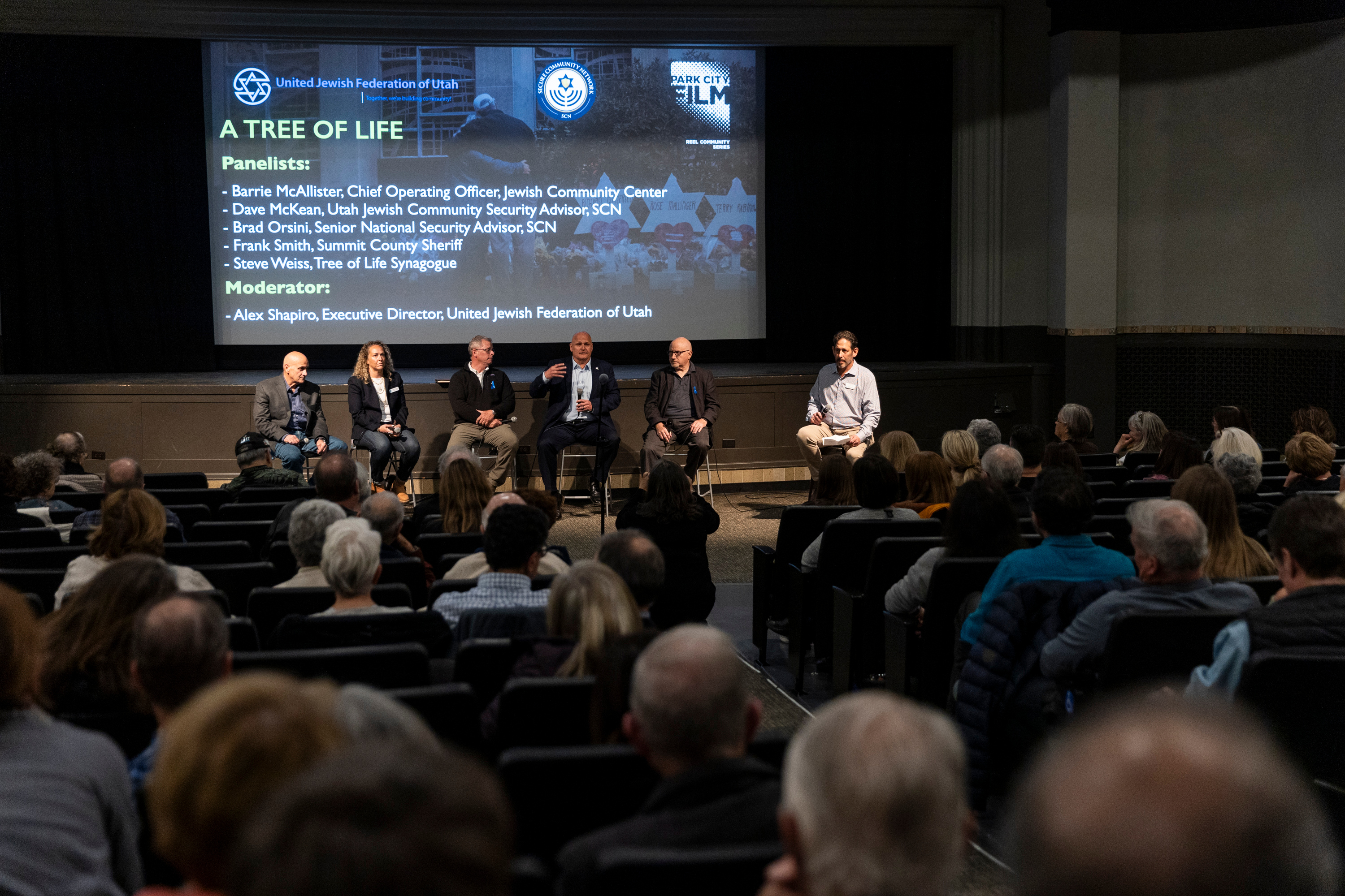 A panel speaks after a screening of HBO’s "A Tree of Life" hosted by the United Jewish Federation of Utah and Secure Community Network at Park City Film in Park City on Thursday.