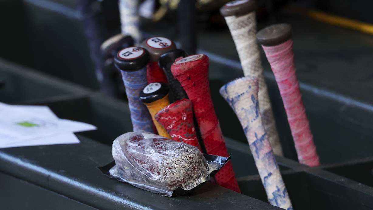 The Minnesota Twins' home run sausage is pictured in the dugout during the fifth inning of a baseball game against the Boston Red Sox, Friday, May 3, 2024, in Minneapolis.