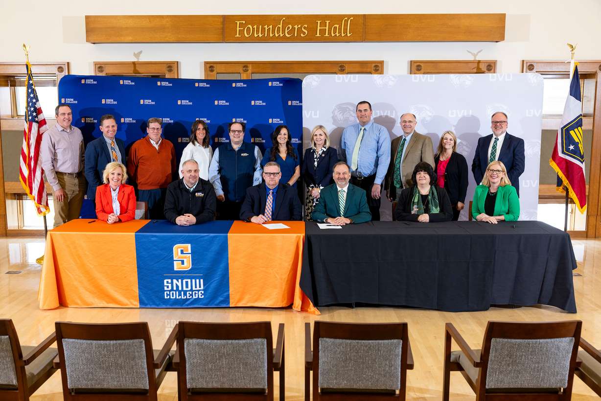 Snow College and UVU leaders who collaborated on the "2+2" initiative came together to sign an agreement. This partnership should benefit Snow College students and rural communities.
