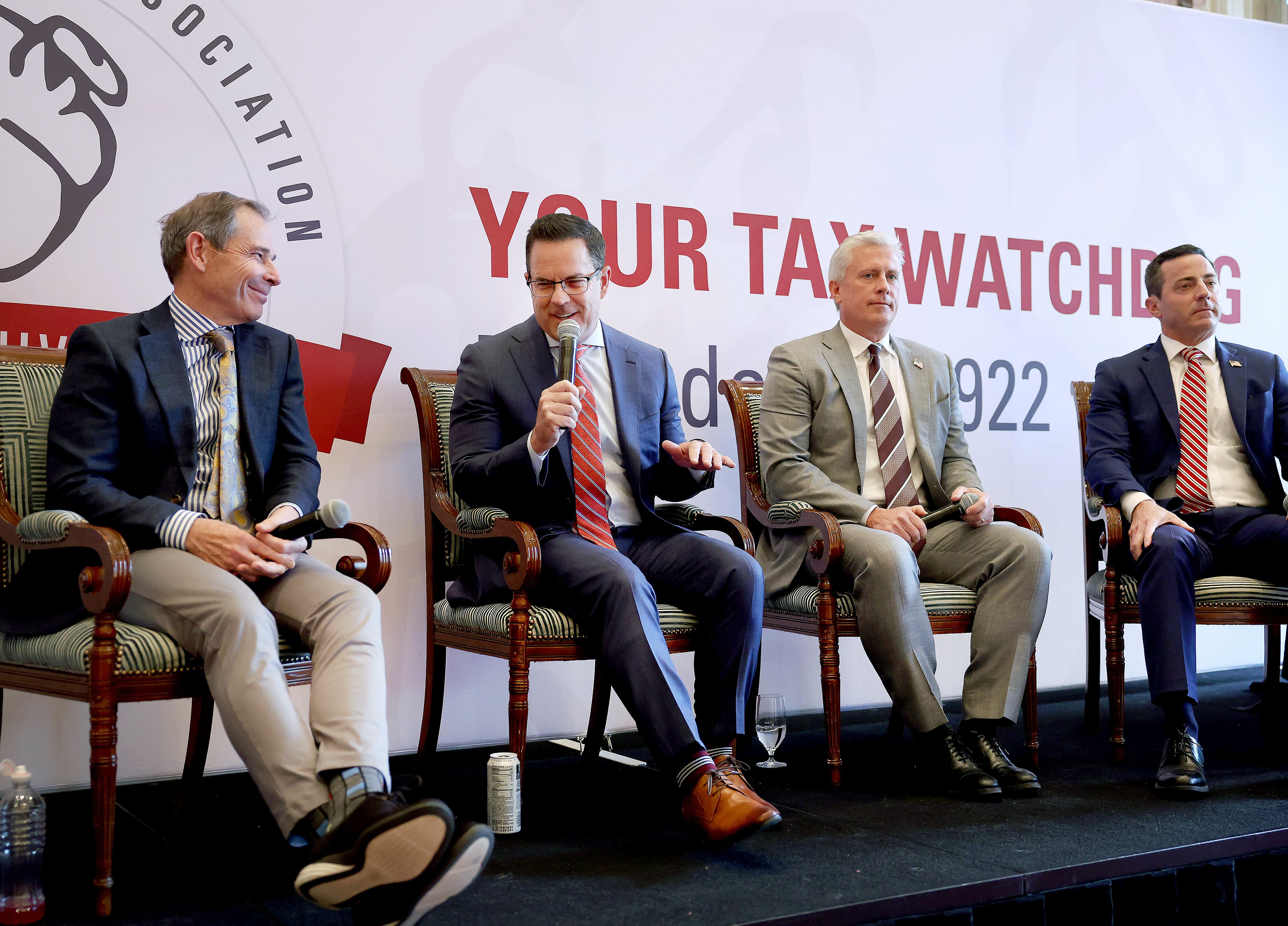 United States Senate candidates John Curtis, Brad Wilson, Jason Walton and Trent Staggs speak at the Utah Taxpayers Association Annual Taxes Now Conference at The Grand America Hotel in Salt Lake City on Friday. All agreed that former President Donald Trump's nearly $4 trillion tax cuts should not be allowed to expire next year.