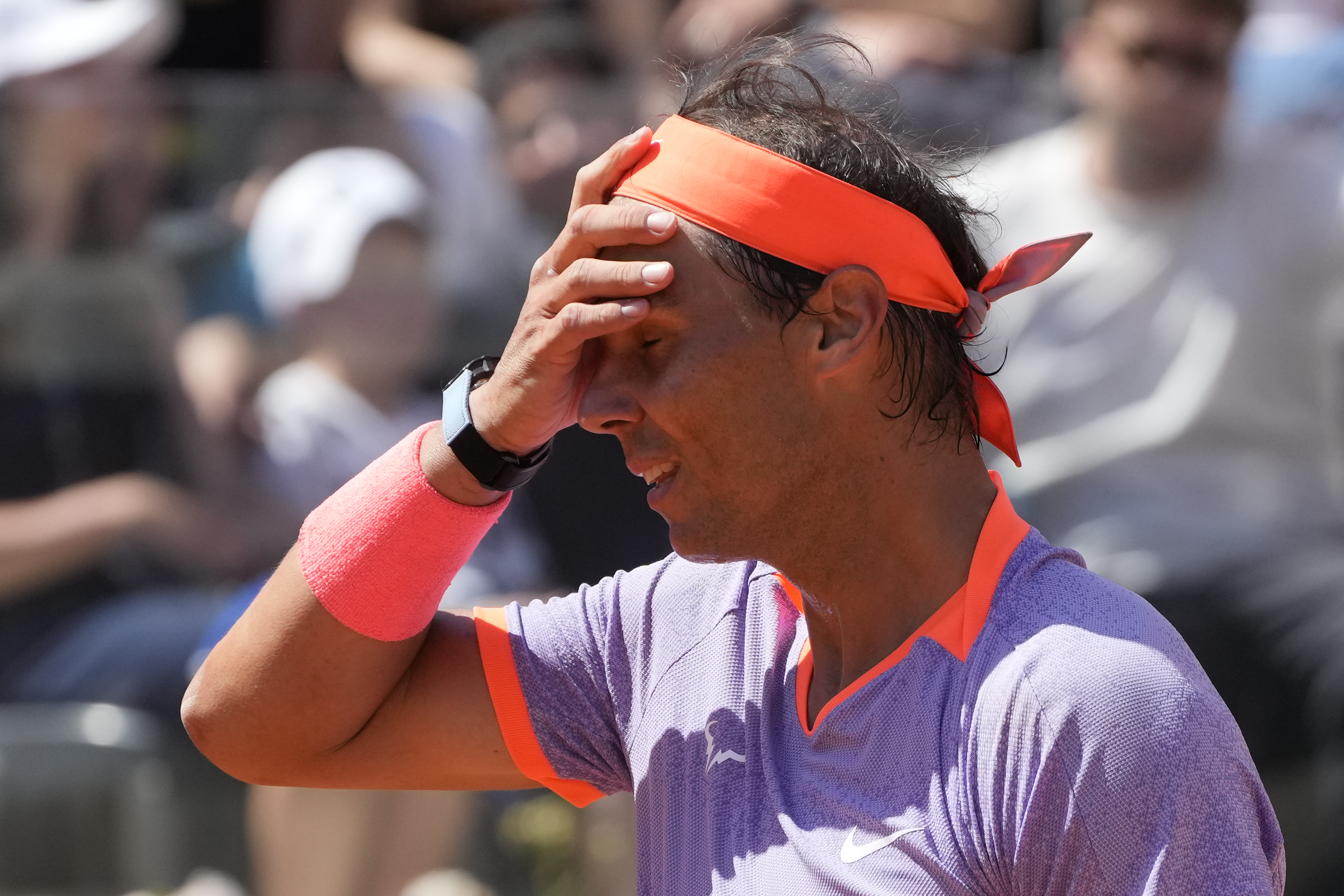 Rafael Nadal, of Spain, leaves after loosing his match against Hubert Hurkacz, of Poland, at the Italian Open tennis tournament in Rome, Saturday, May 11, 2024.