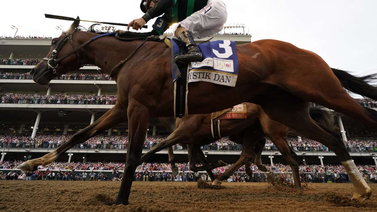 Brian Hernandez Jr. rides Mystik Dan across the finish line to win the 150th running of the Kentucky Derby horse race at Churchill Downs Saturday, May 4, 2024, in Louisville, Ky.
