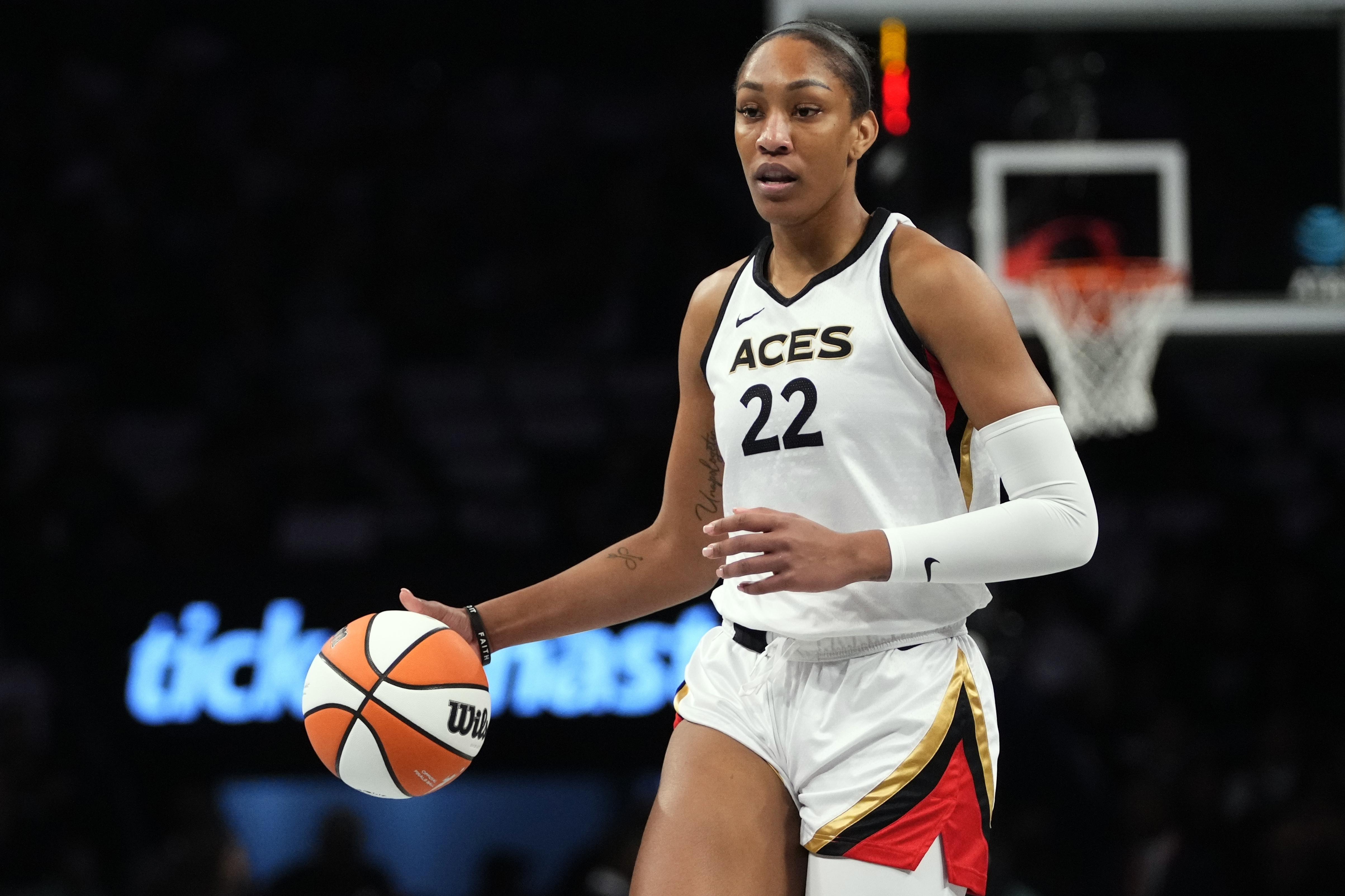 FILE - Las Vegas Aces' A'ja Wilson (22) looks to pass during the first half in Game 3 of a WNBA basketball final playoff series against the New York Liberty Sunday, Oct. 15, 2023, in New York. The Two-time WNBA MVP is getting a Nike signature shoe, in a deal that was announced Saturday, May 11, 2024. 