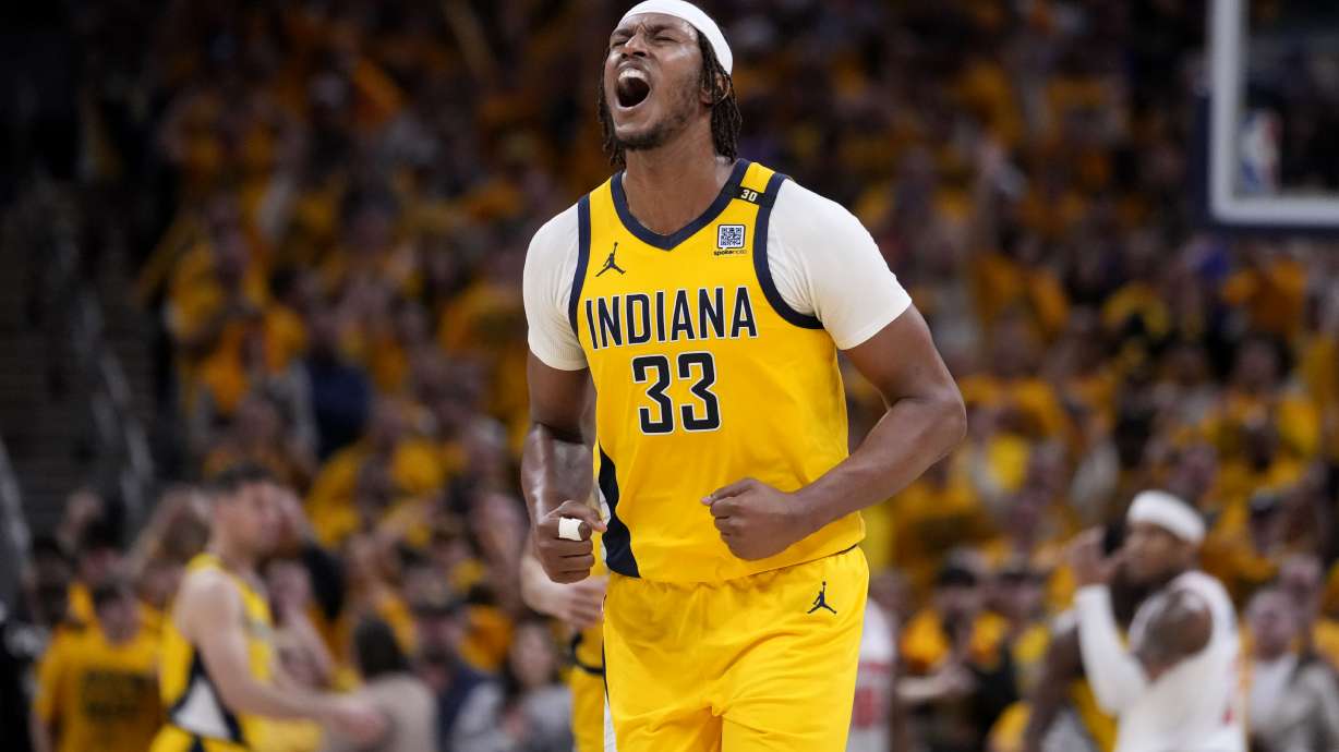 Indiana Pacers center Myles Turner celebrates at the end of Game 3 against the New York Knicks in an NBA basketball second-round playoff series, Friday, May 10, 2024, in Indianapolis. The Pacers won 111-106.