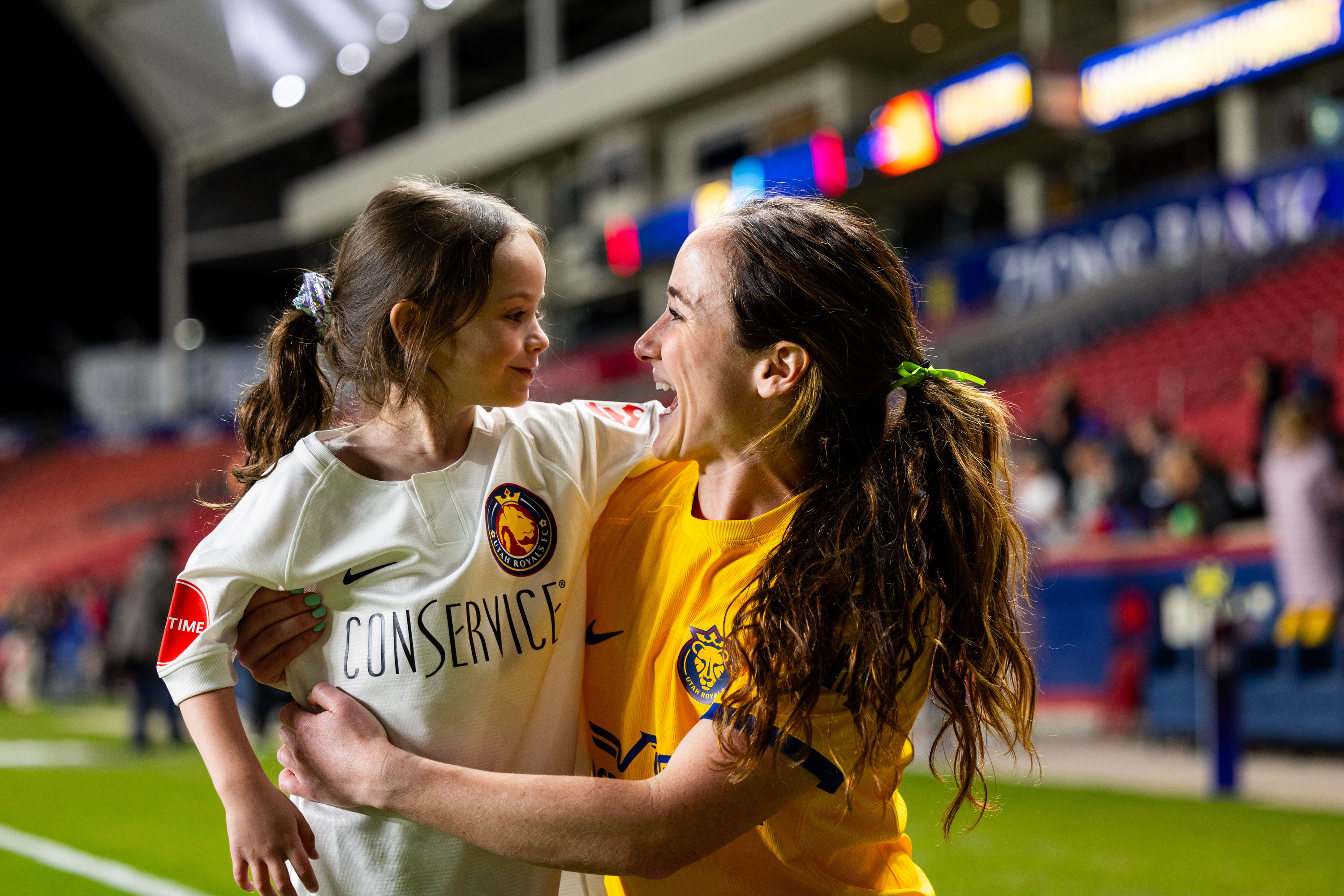 Michele Vasconcelos, Utah Royals midfielder, poses for a photo with her daughter Scarlett, 6, at America First Field in Sandy on Friday, May 3.
