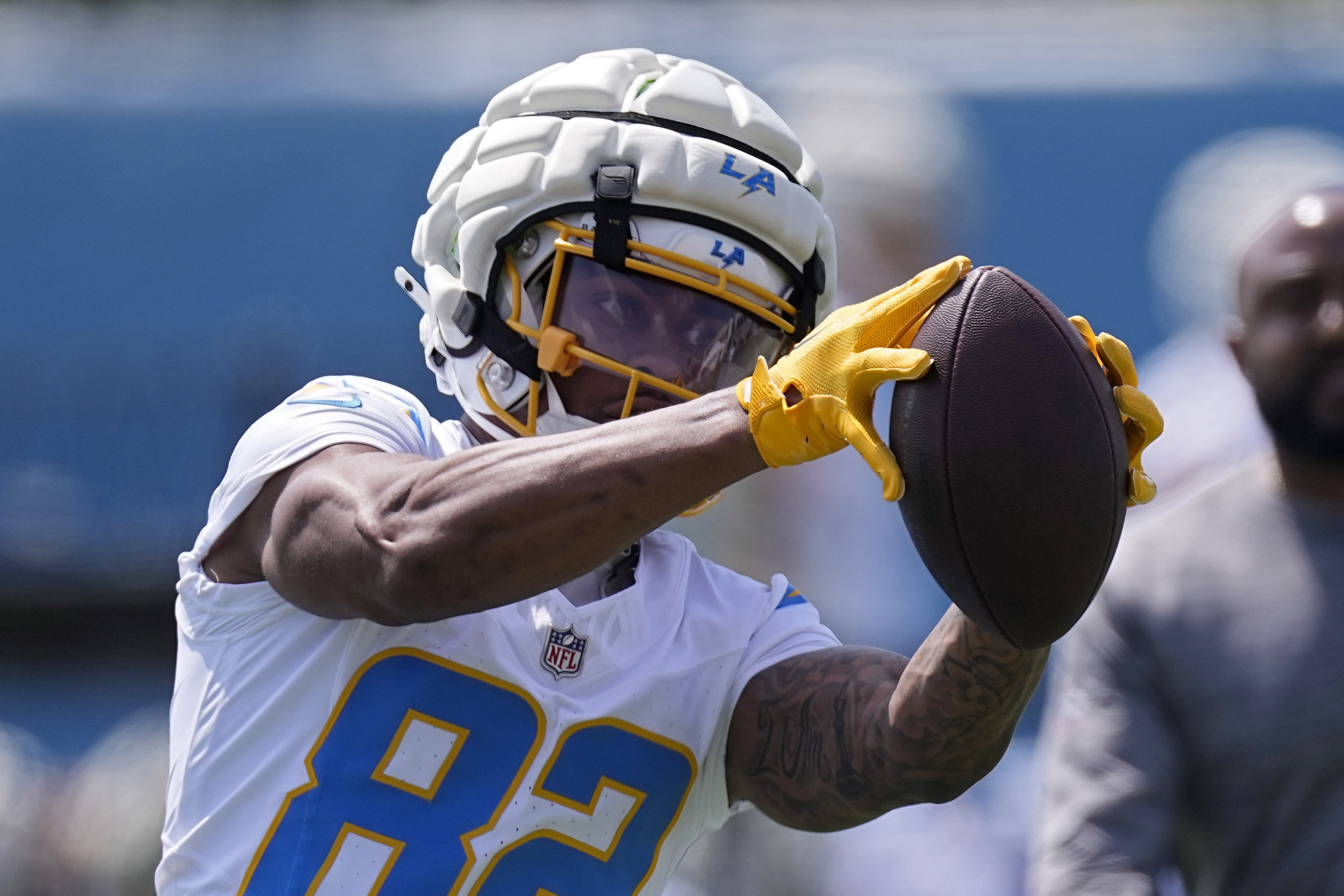 Los Angeles Chargers wide receiver Brenden Rice makes a catch during an NFL rookie minicamp football practice Friday, May 10, 2024, in Costa Mesa, Calif. 