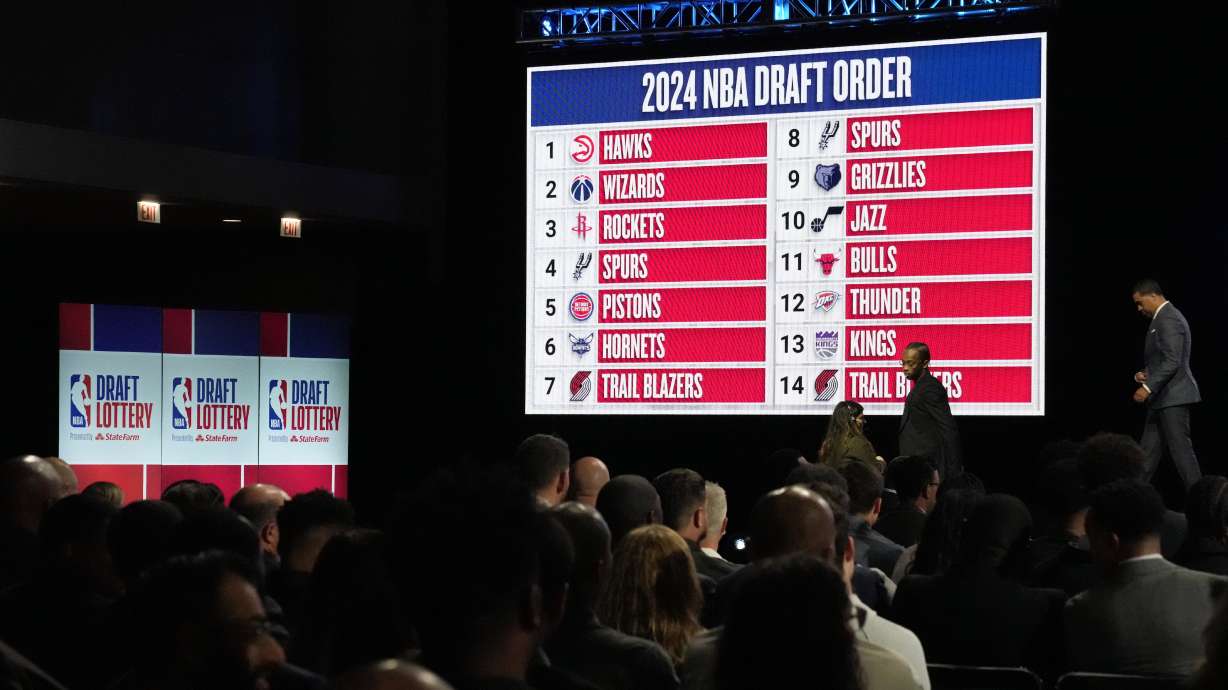 The draft lottery order sign is displayed after NBA basketball deputy commissioner Mark Tatum announced that the Atlanta Hawks have won the first pick in the NBA basketball draft during the draft lottery in Chicago, Sunday, May 12, 2024.