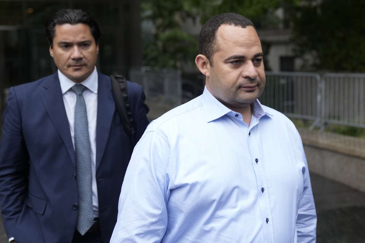Wael Hana, right, leaves the federal courthouse in New York, Sept. 26, 2023. Hana is accused of paying off Sen. Bob Menendez for helping him get a lucrative deal with the Egyptian government to certify that imported meat met Islamic dietary requirements.