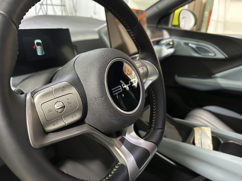 The steering wheel of a BYD Seagull electric vehicle as seen at the Caresoft Global facility April 3, in Livonia, Mich.