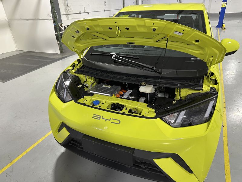 The battery of a BYD Seagull electric vehicle is shown under the hood of the car at the Caresoft Global facility April 3 in Livonia, Mich.