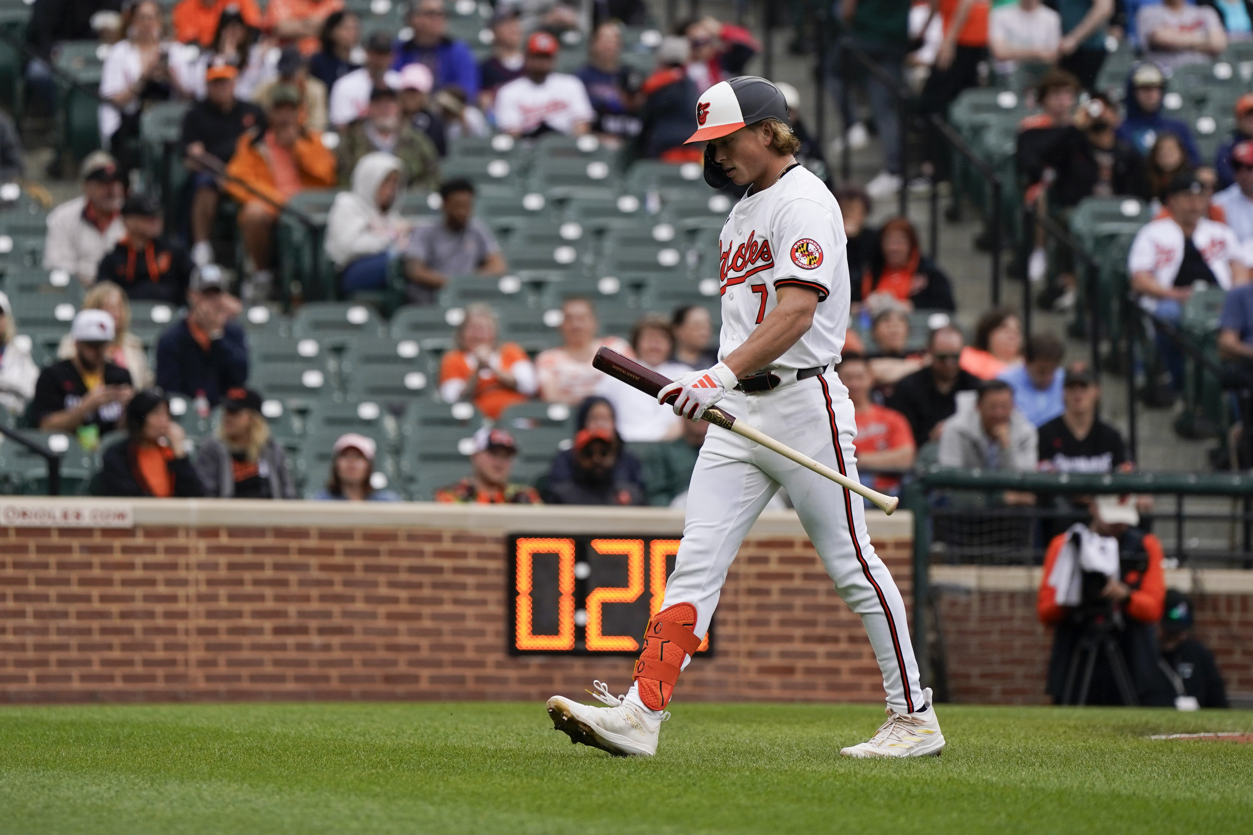 Baltimore Orioles' Jackson Holliday walks to the dugout after striking out against the Minnesota Twins during the sixth inning of a baseball game, Wednesday, April 17, 2024, in Baltimore. 