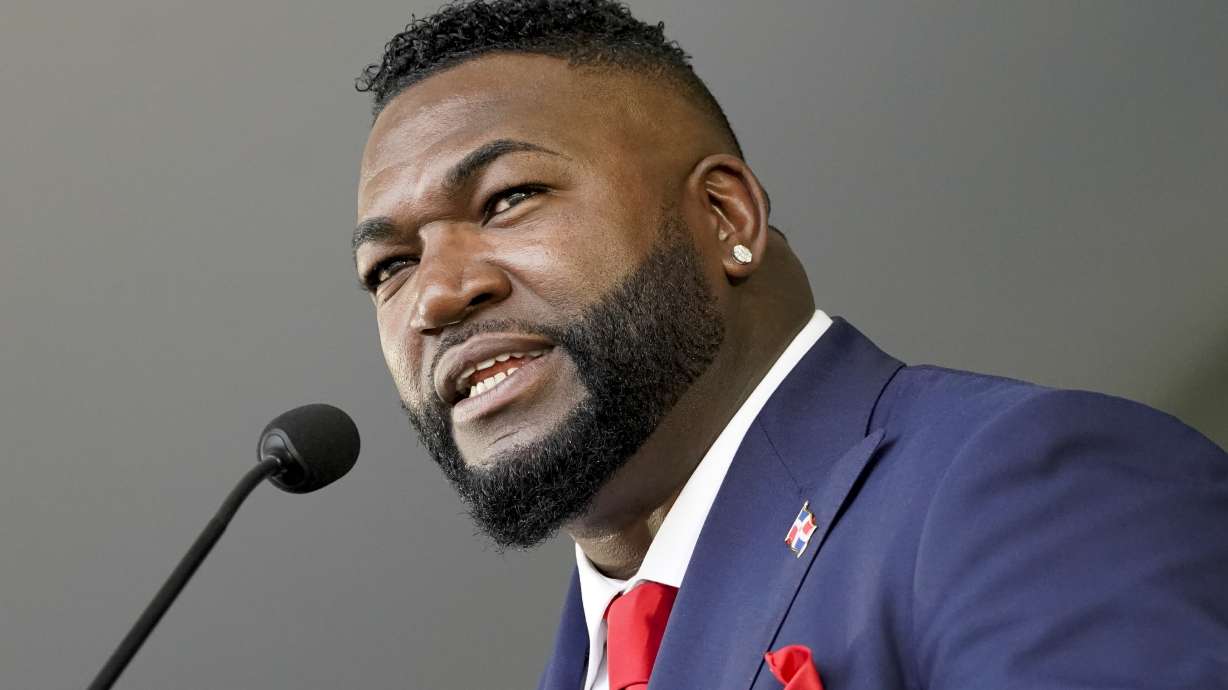 FILE - Hall of Fame inductee David Ortiz speaks during the National Baseball Hall of Fame induction ceremony July 24, 2022, in Cooperstown, N.Y. Hall of Famer Ortiz was honored by the New York state Senate, Monday, May 13, 2024, for his prolific baseball career and philanthropic work.