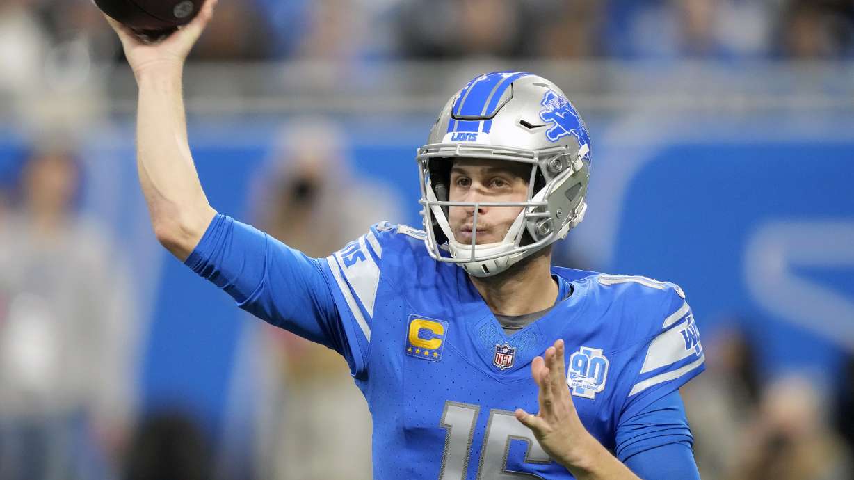FILE - Detroit Lions quarterback Jared Goff passes against the Tampa Bay Buccaneers during the first half of an NFL football NFC divisional playoff game, Sunday, Jan. 21, 2024, in Detroit. A person familiar with the situation says the Lions and Goff have agreed to a $212 million, four-year contract extension. The person tells The Associated Press, Monday, May 13, 2024, that the deal includes $170 million in guarantees, speaking on condition of anonymity because the terms were not announced.