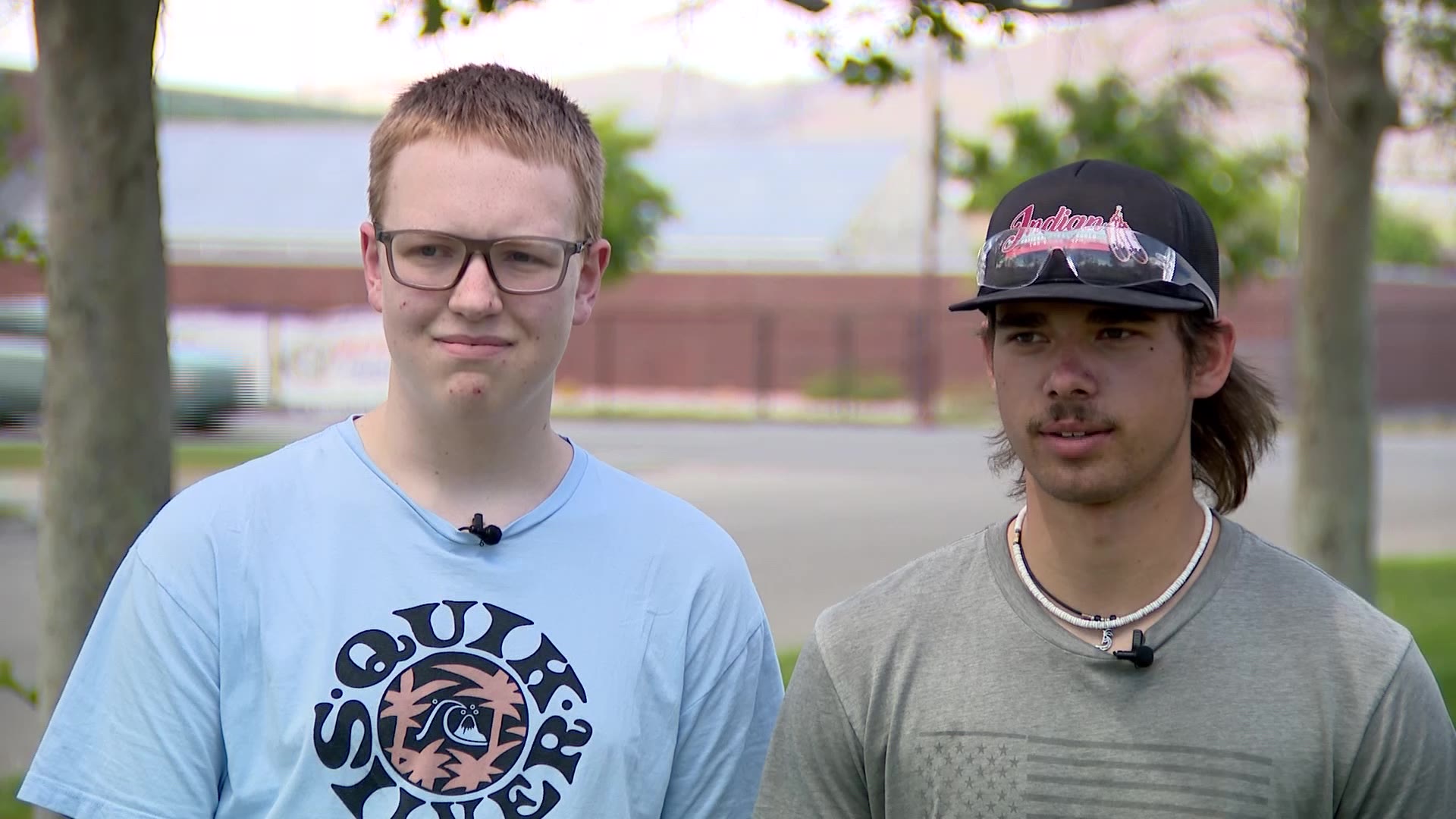 Tyce Baumgartner (left) and Cayden Winter (right) talk about a teacher injured in an accident at Lehi High School.