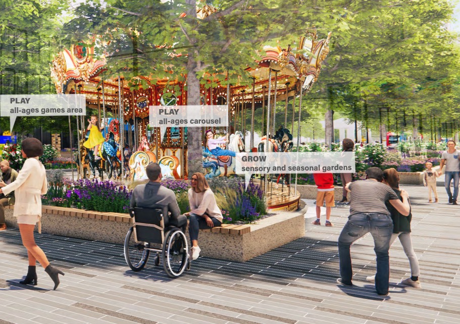 A rendering of what an "all-ages wonderland" could look by the City Creek Center plaza along Main Street Salt Lake City.