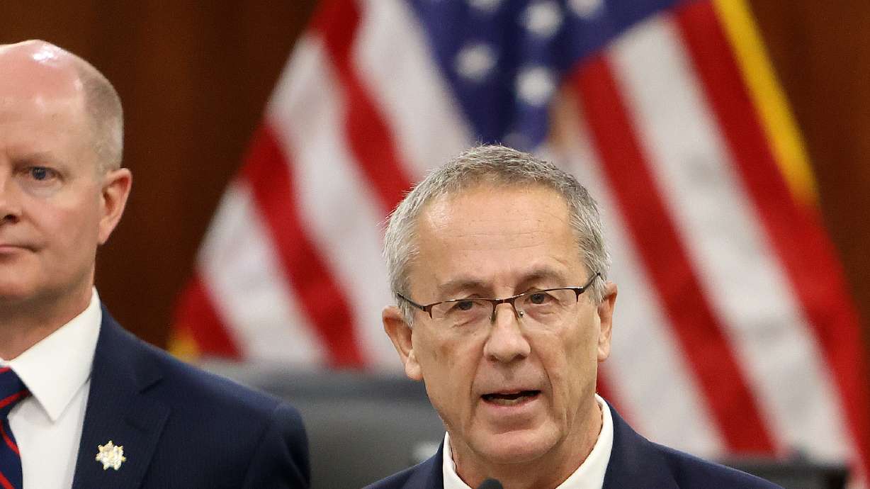 Utah County Attorney Jeffrey Gray talks about charging Michael Aaron Jayne with aggravated murder during a press conference at the Utah County Commission Chambers in Provo on Tuesday.