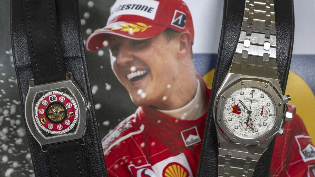 Two watches belonging to Michael Schumacher are on display: F.P., left, Journe, Invenit et Fecit, piece Unique, Vagabondage 1 Model, it is estimated to sell between 1,200,000 to 2,300,000 US dollars and Audemars Piguet, right, Royal OAK Chronograph model, it is estimated to sell between 180,000 to 280,000 US dollars, during a preview at the Christie's, in Geneva, Switzerland, Thursday, May 9, 2024. Eight luxury watches belonging to Formula One great Michael Schumacher are going up for sale at Christie’s on Tuesday, May 14, 2024.