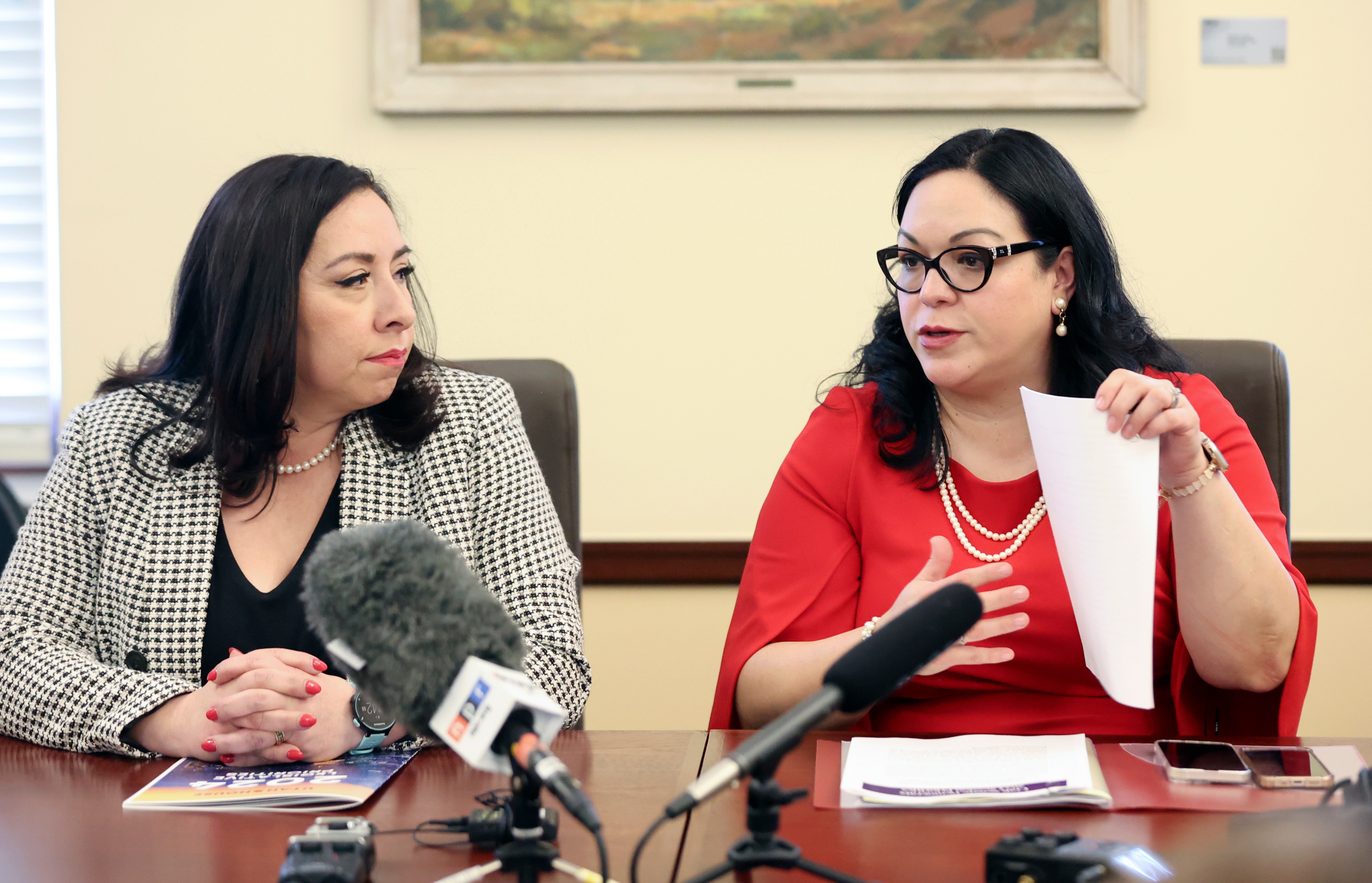 State Rep. Angela Romero, left, and Sen. Luz Escamilla at the Capitol in Salt Lake City on Jan. 16. Both lawmakers back efforts to expand the pool of undocumented immigrants who can get work permits.