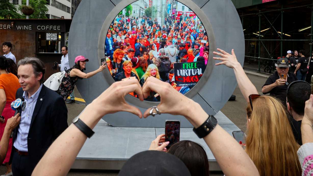 The reveal of New York City's Portal on May 8. Less than a week after two public sculptures featuring a livestream between Dublin, Ireland, and New York City debuted, "inappropriate behavior" between people in the cities prompted a shutdown.