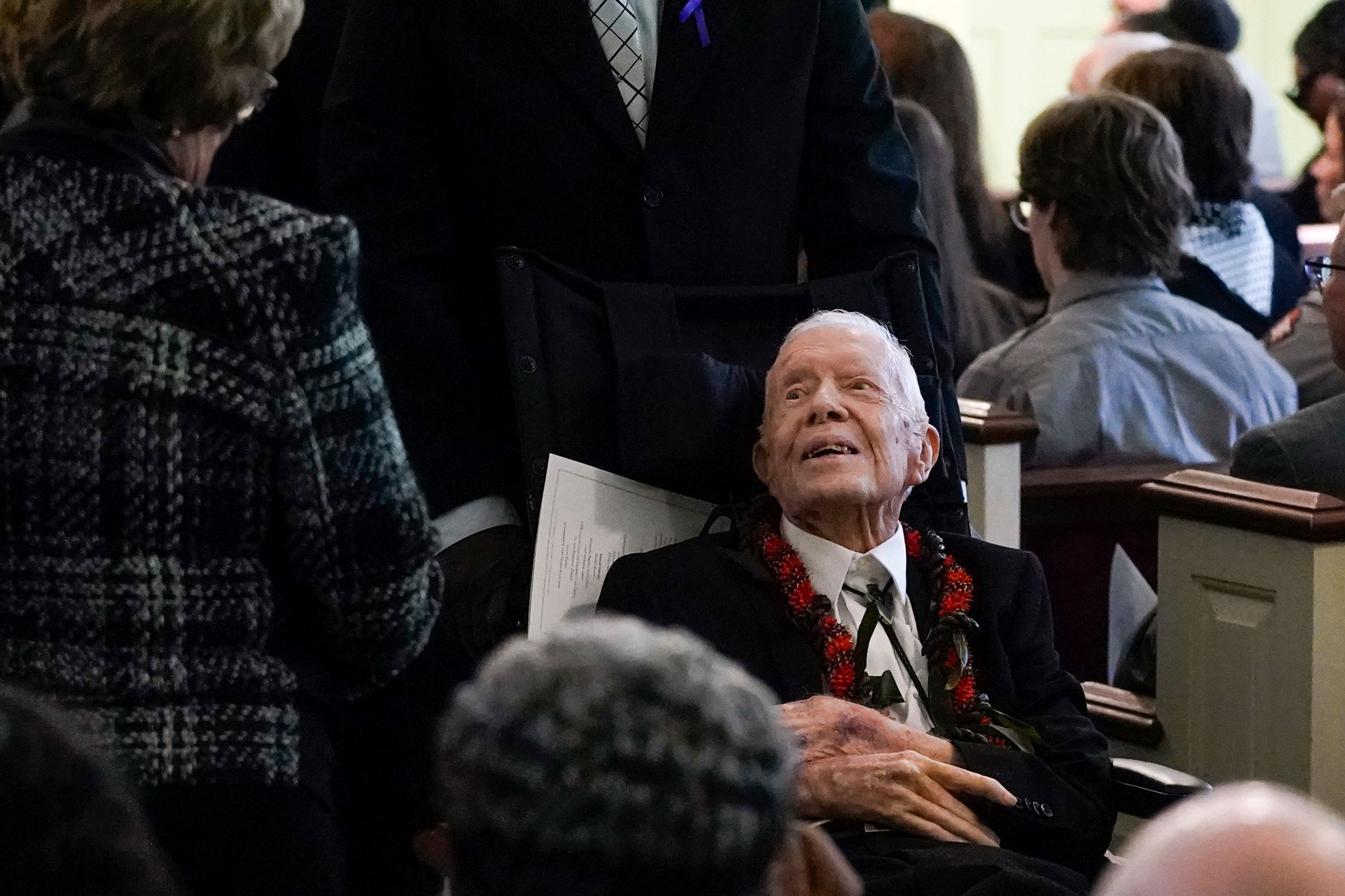 Former President Jimmy Carter departs after the funeral service for former first lady Rosalynn Carter at Maranatha Baptist Church on Nov. 29, 2023, in Plains, Ga. Jimmy Carter's grandson said Tuesday that the former president is "coming to the end."