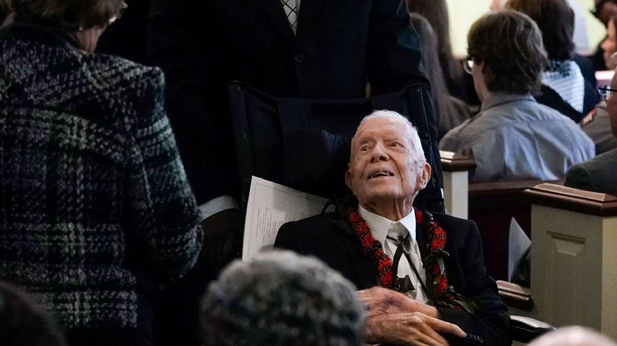 Former President Jimmy Carter departs after the funeral service for former first lady Rosalynn Carter at Maranatha Baptist Church on Nov. 29, 2023, in Plains, Ga. Jimmy Carter's grandson said Tuesday that the former president is "coming to the end."