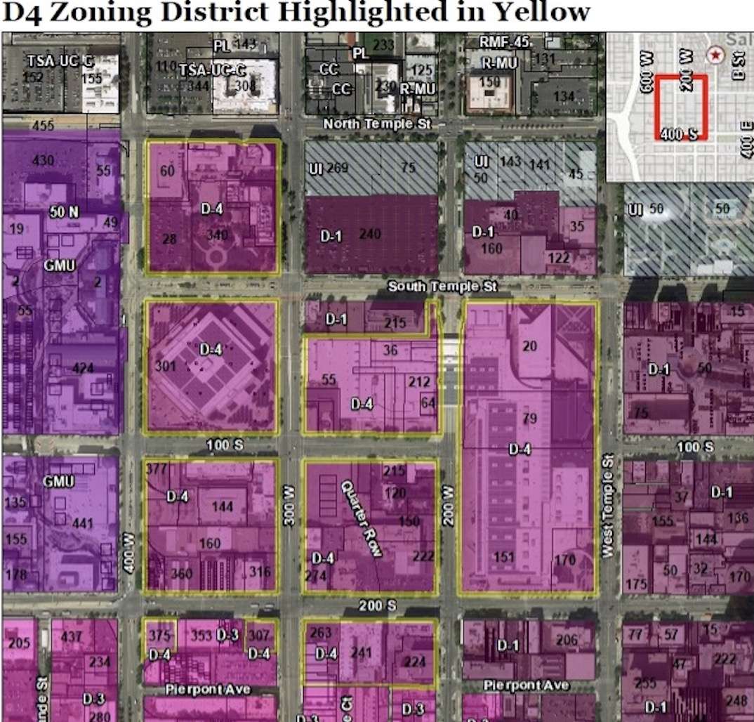 This map shows which blocks are included in the D4-Secondary Central Business District. The blocks in yellow are where the proposed changes to the zone would be applied.