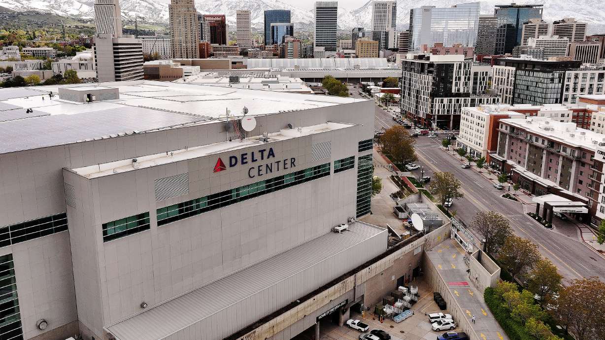 The Delta Center and the skyline in Salt Lake City on, May 8. Salt Lake City is reviewing zoning amendments tied to a proposed entertainment district around the Delta Center.