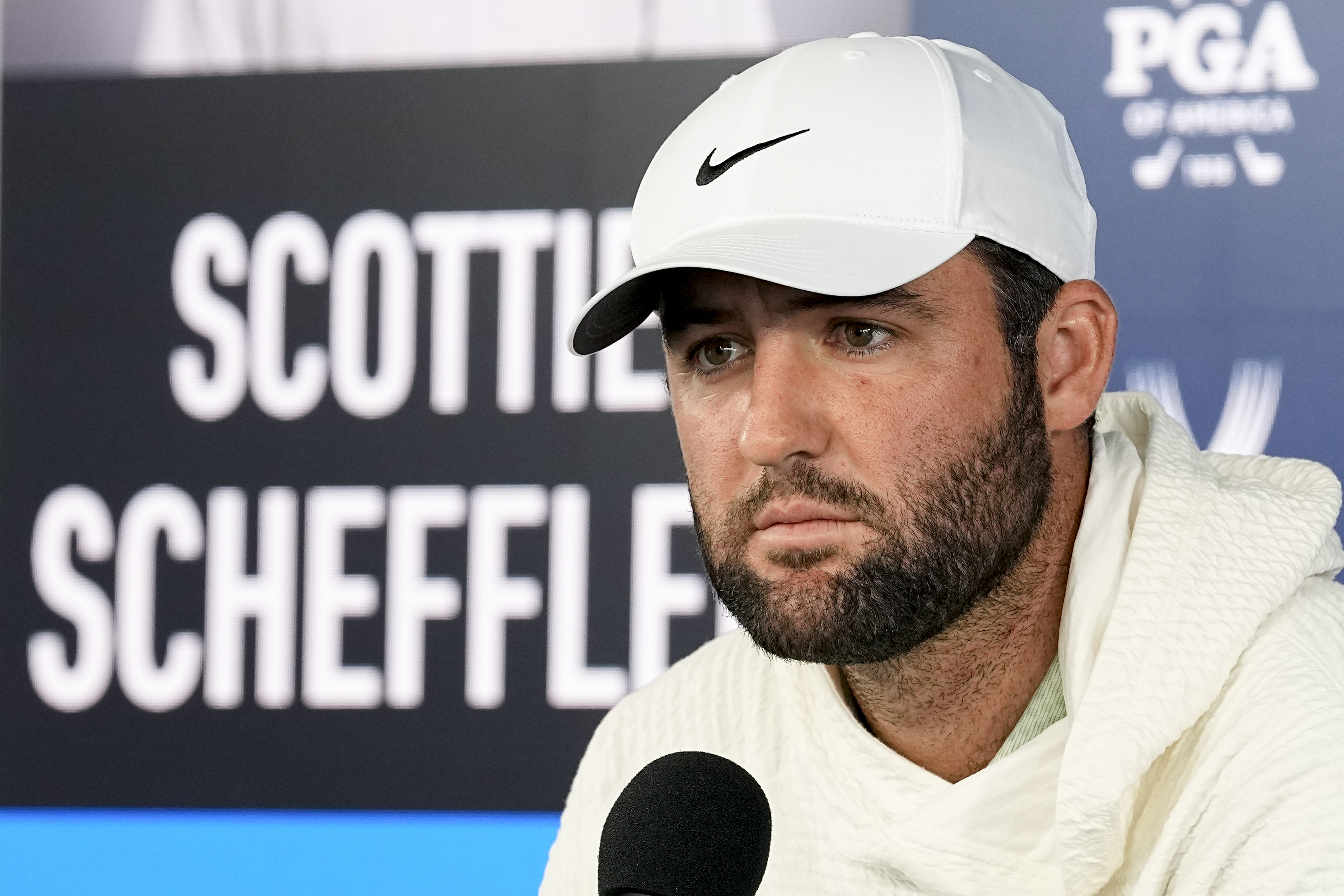 Scottie Scheffler speaks during a news conference during the PGA Championship golf tournament at the Valhalla Golf Club, Tuesday, May 14, 2024, in Louisville, Ky.