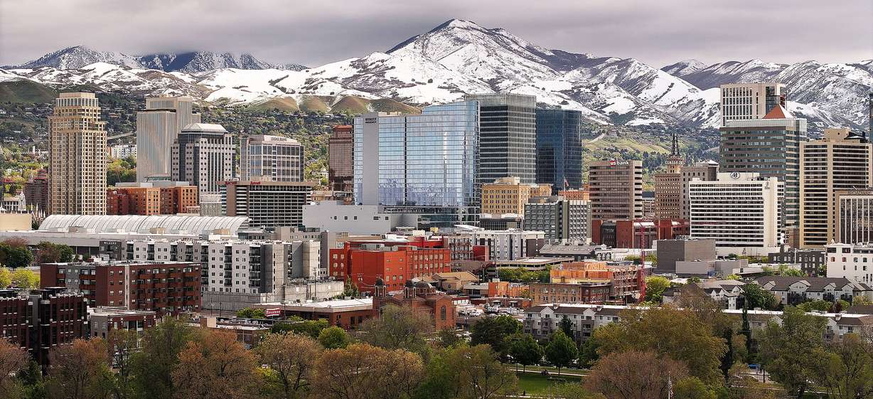 The skyline in Salt Lake City on May 8. Jazz owner Ryan Smith and city and county leaders want to redevelop to create a new shopping, residential and entertainment district that will connect City Creek Mall with the Delta Center.