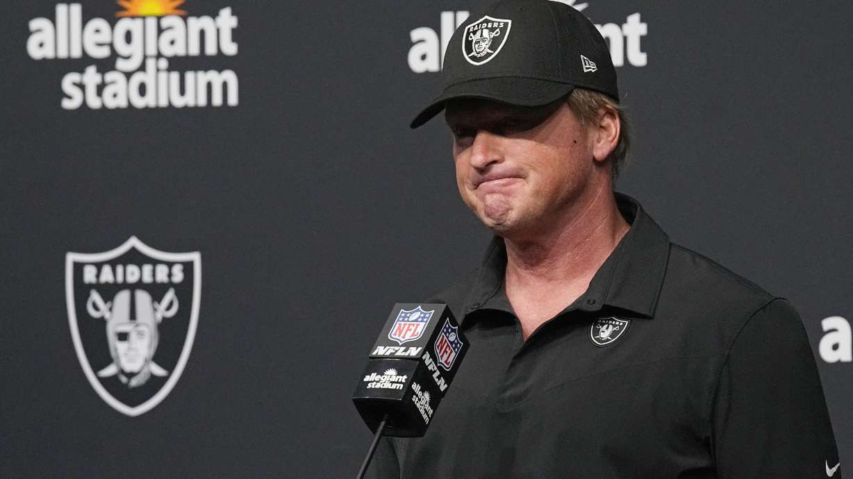 FILE - Then-Las Vegas Raiders head coach Jon Gruden speaks during a news conference after an NFL football game against the Chicago Bears, Sunday, Oct. 10, 2021, in Las Vegas. Gruden lost a Nevada Supreme Court appeal on Tuesday, May 14, 2024, in a contract interference and conspiracy lawsuit he filed against the league after he resigned from the Las Vegas Raiders in 2021.