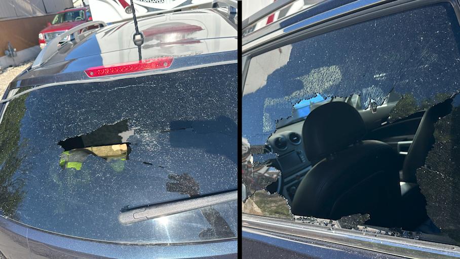 Damage to car windows in a Magna neighborhood in May. Police believe vandals are targeting cars, schools and churches.