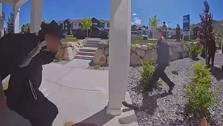 Surveillance video shows a group of what appears to be juveniles kicking a front door, believed to be linked to recent vandalism in Magna.