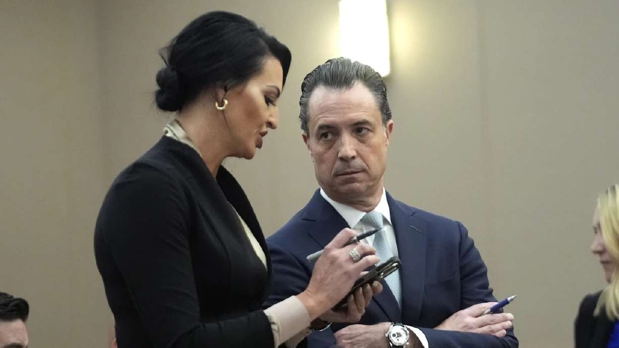 Defense attorney Skye Lazaro, left, speaks to Summit County chief prosecutor Brad Bloodworth at a hearing for Kouri Richins, Wednesday. On Friday, Lazaro asked for Bloodworth to be taken off the case.